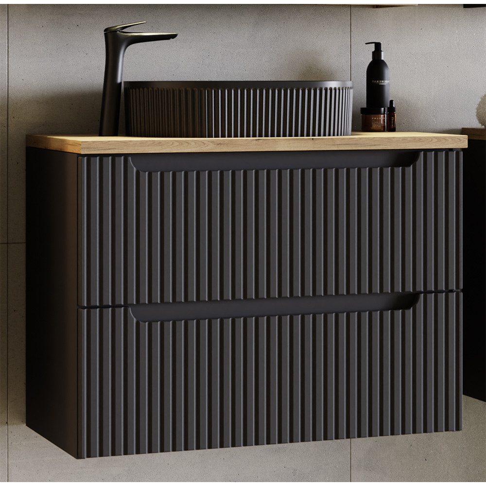 Lomadox Waschtisch NEWPORT-56-BLACK, in schwarz mit Eiche, gerillte Front, schwarzes Keramikwaschbecken