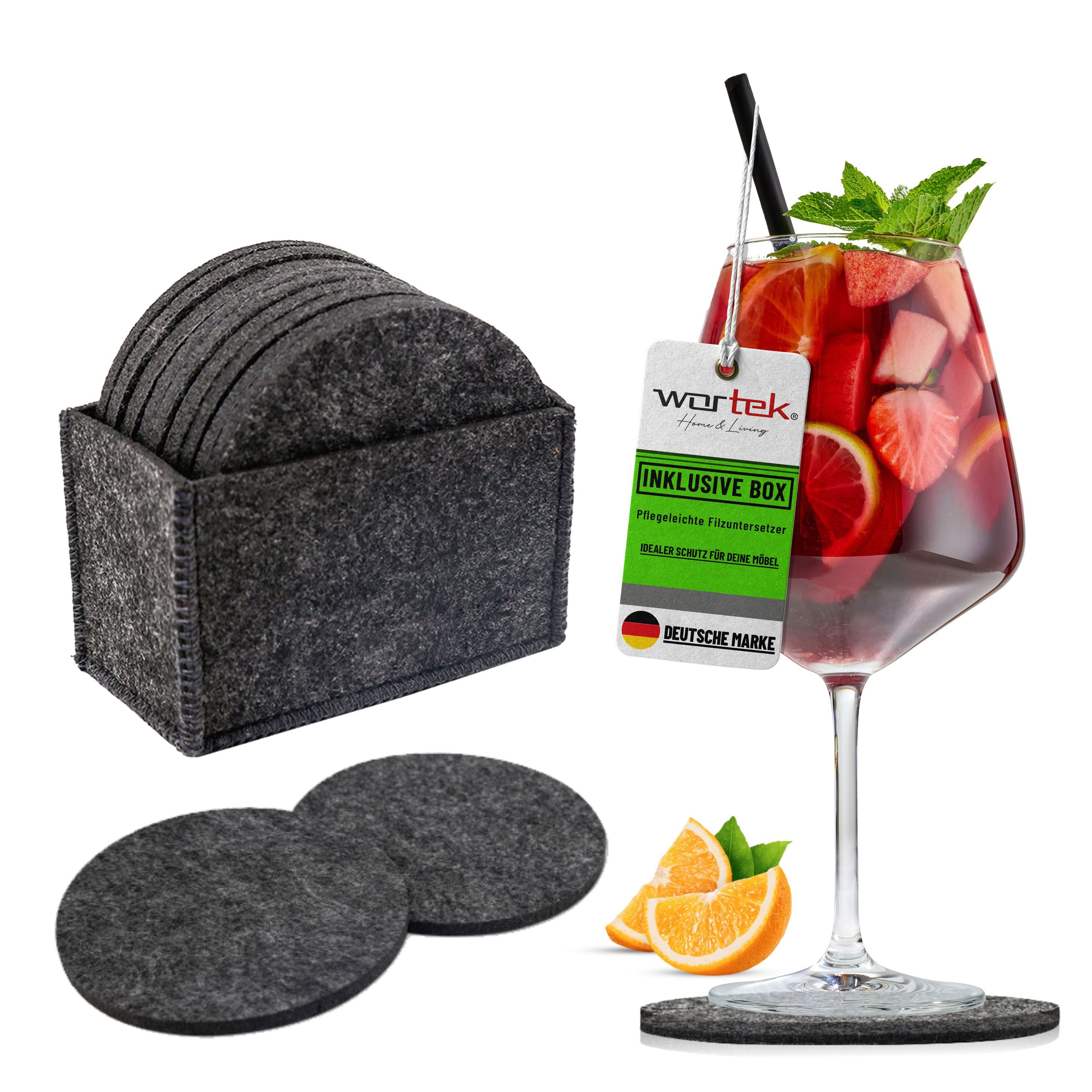 wortek Getränkeuntersetzer Filz-Untersetzer Rund für Gläser 10er Set + Box, Zubehör für Tisch & Gläser, Set, 10-tlg., waschbare Getränke Glasuntersetzer Gläser, Tischuntersetzer Filz 10 cm