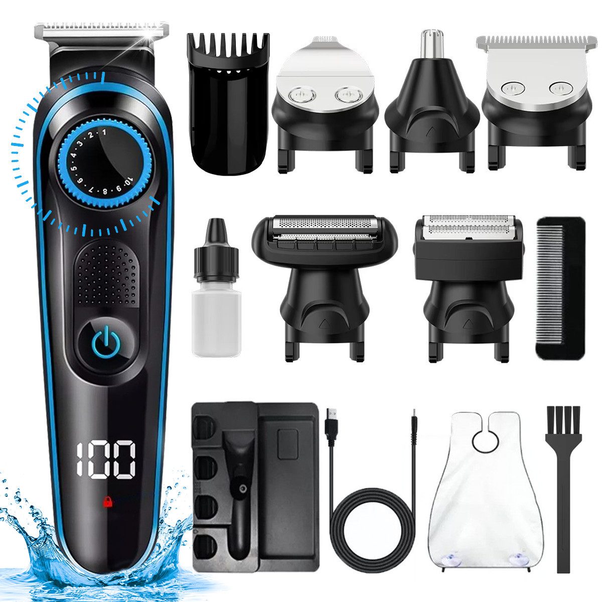MOPUEA Haarschneider Kabelloser Herren Haarschneider Mit LED 12 Teilig Wasserdicht, Professioneller Haarschneider Mit Aufsätzen Und Zubehör, LED Anzeige 1500mAh Akku Edelstahlklingen Wasserdicht USB