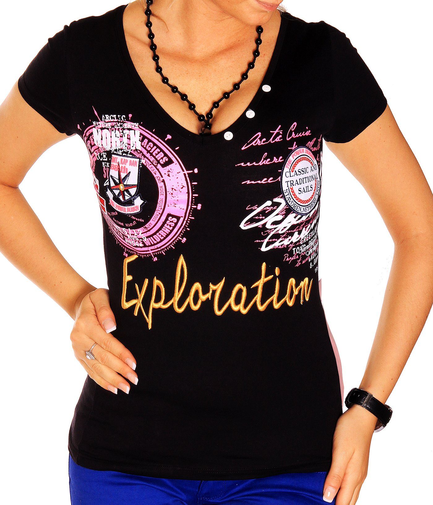 RMK T-Shirt Damen Freizeit Sommer kurzarm Shirt mit V-Kragen V-Neck günstig online kaufen