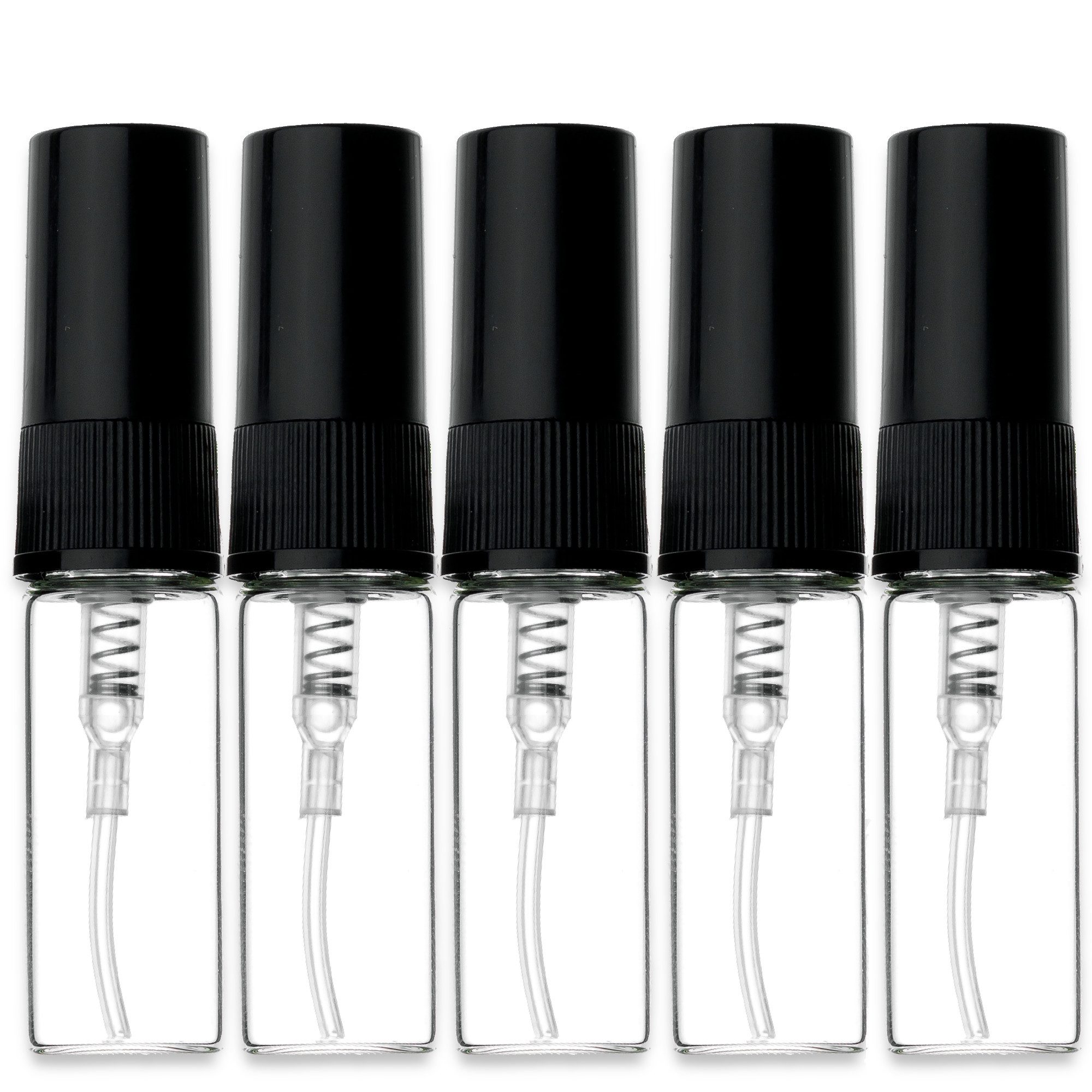 CK Verpackung GmbH Parfümzerstäuber 5x Glasfläschchen klar 3 ml mit schwarzem Zerstäuber Sprükopf Kappe (Set x5)