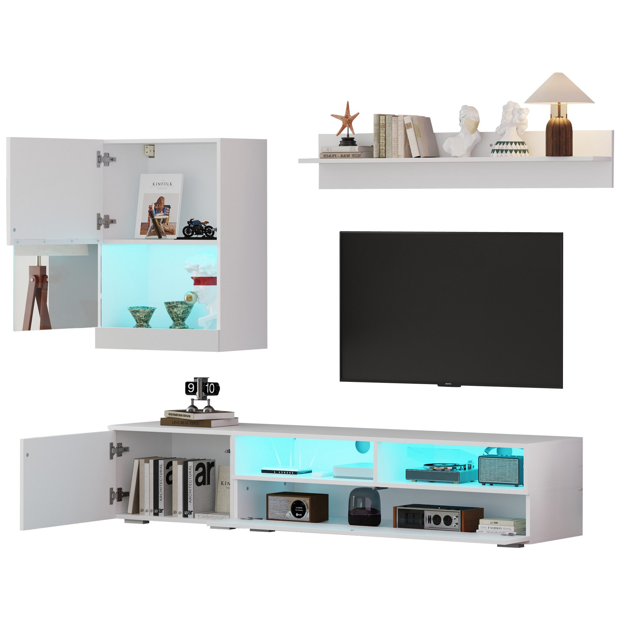 Yorbay Wohnwand Wohnwand 3-st TV schrank Hochglanz, mit LED Beleuchtung, Weiß