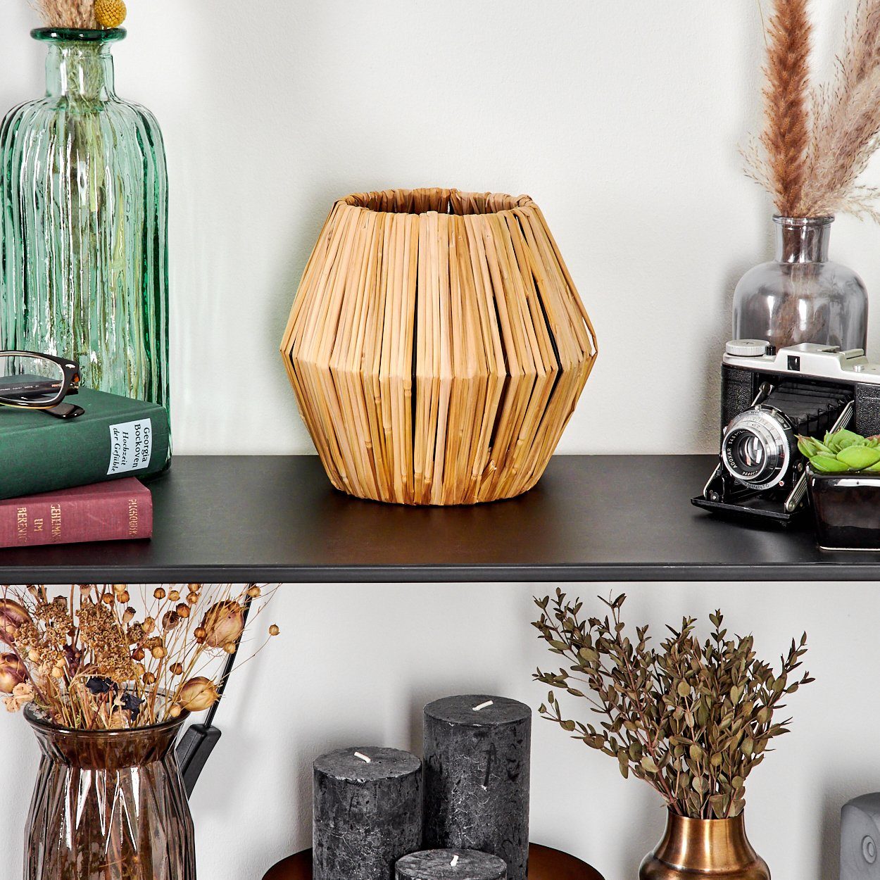hofstein Tischleuchte moderne Boho Tischlampe aus Metall/Rattan in Schwarz/Natur, ohne Leuchtmittel, Nachttischlampe An-/Ausschalter, Lichteffekt, 1xE14, ohne Leuchtmittel