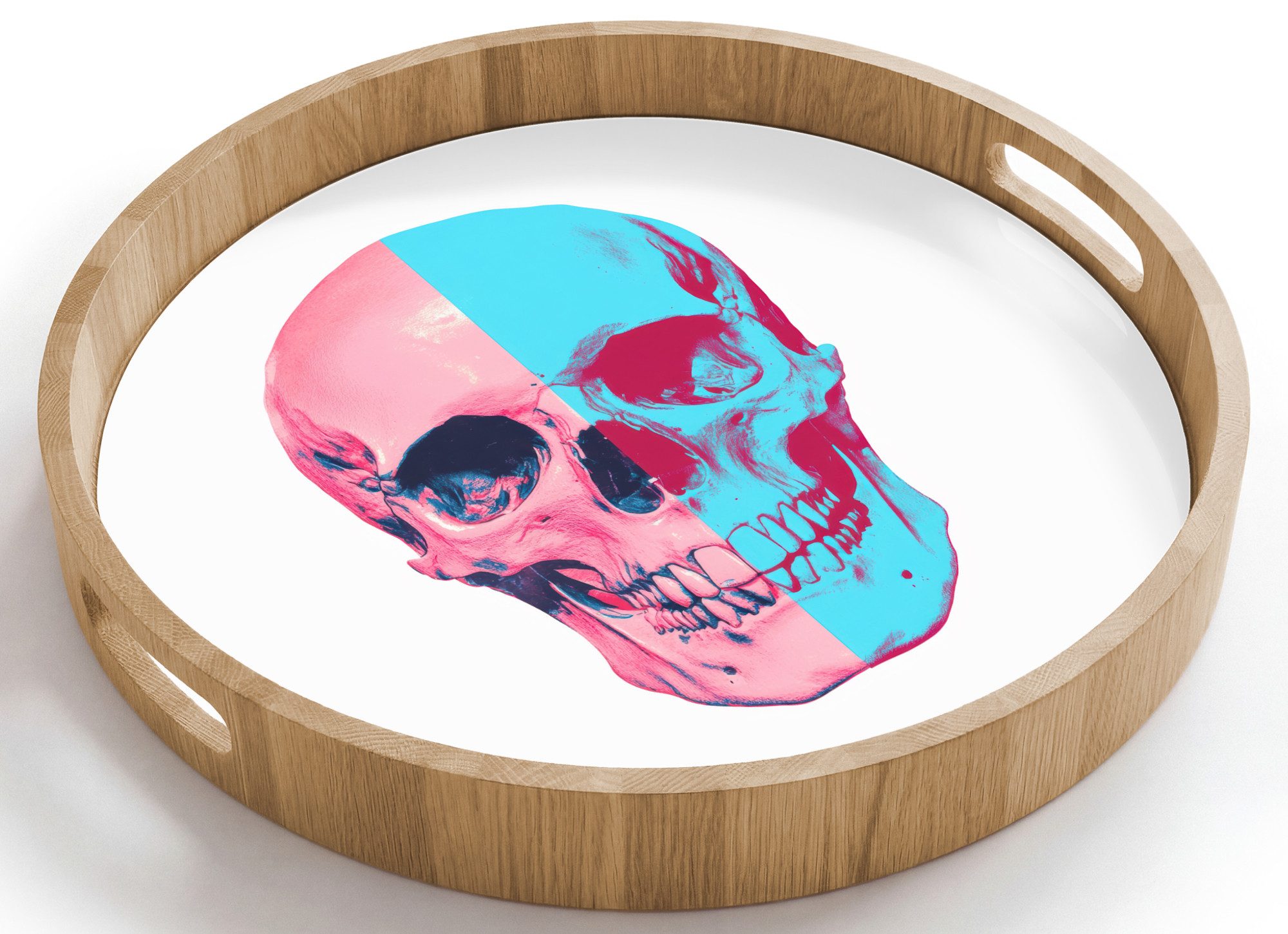 OnlyWow Tablett Rund mit Henkel Totenkopf - Grafik - Rosa - Geteilt, Eichenholz, (1-tlg), Siervierplatte, Tray, Frühstücksbrett