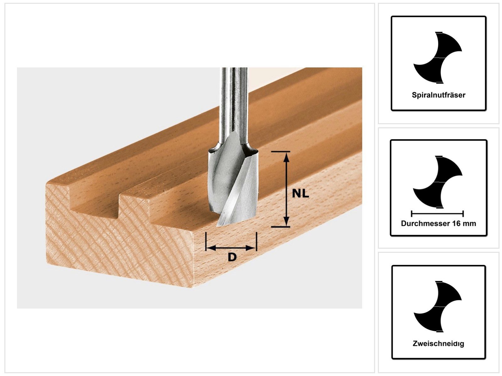 FESTOOL Nutfräser Spiralnutfräser HS Spi S8 D16/20 16 x 20 mm 8 mm Schaft (490949)