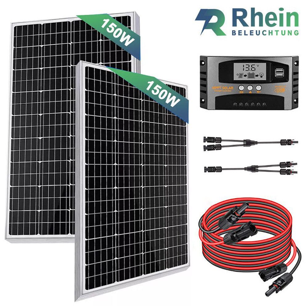 Rhein Beleuchtung Solarmodul 300W Solarpanel Set 12V für Wohnmobil, Camping & RV Stromversorgung, 300 W, Monokristallin, (1-St., Inkl. 40A MPPT-Regler, Y-Kabel, 2×150W Module, Plug & Play), Mit Halbzellen-Technologie, IP65 wasserdicht, hohe Leistung