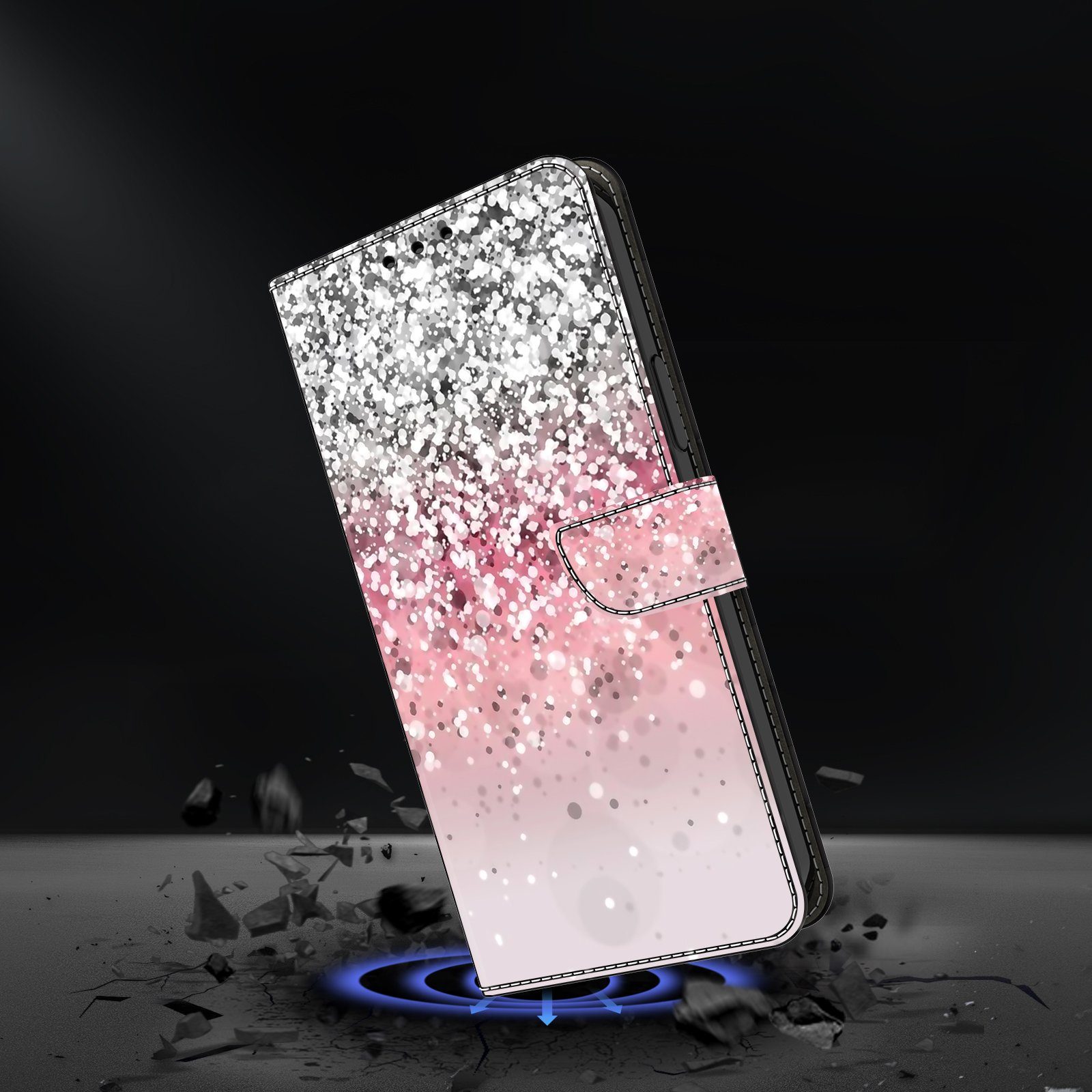 CLM-Tech Handytasche für Samsung Galaxy A57 5G Hülle aus PU-Leder Klapphülle (silber und rosa, 1-tlg., Flip Case), Magnetverschluss, Standfunktion und Kartenfäc – Bild 4 von 5
