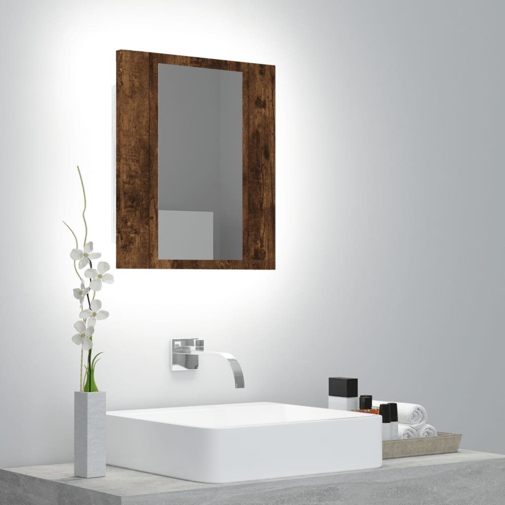 vidaXL Badezimmerspiegelschrank 40x12x45 Holzwerkstoff (1-St) Räuchereiche cm LED-Spiegelschrank