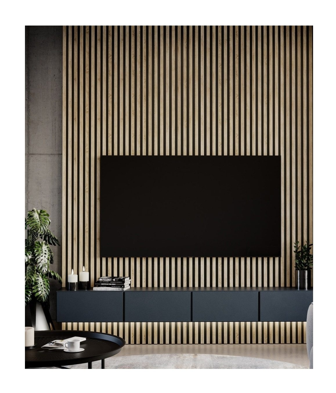 Mebano Wandpaneel 4tlg. Die schönsten Wandpaneel Akustikpaneel, Lamellenwand auf Filz, 1,61 qm, (Farbe: Eiche, Nussbaum, WENGE, Weiß halbmatt, Schwarzes Holz, INDIGO BLUE, SAND GREY, ARCTIS GREY, OLIVE, 1-tlg., Sehr hochwertige Lamellen) Nachhaltiges Material, einfache Montage, effektive Schalldämmung