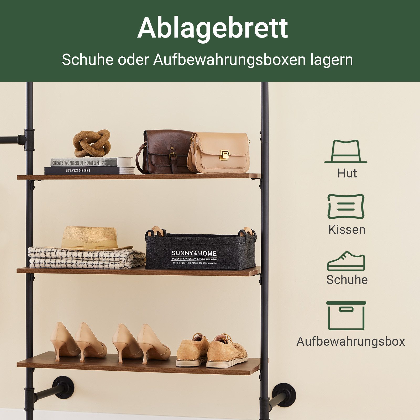 SoBuy Kleiderständer KLS18, Garderobenständer mit Kleiderstange Schuhablage, Kleiderschrank, Kleiderregal mit 3 Kleiderstangen, 3 Ablagen, offener Kleiderschrank