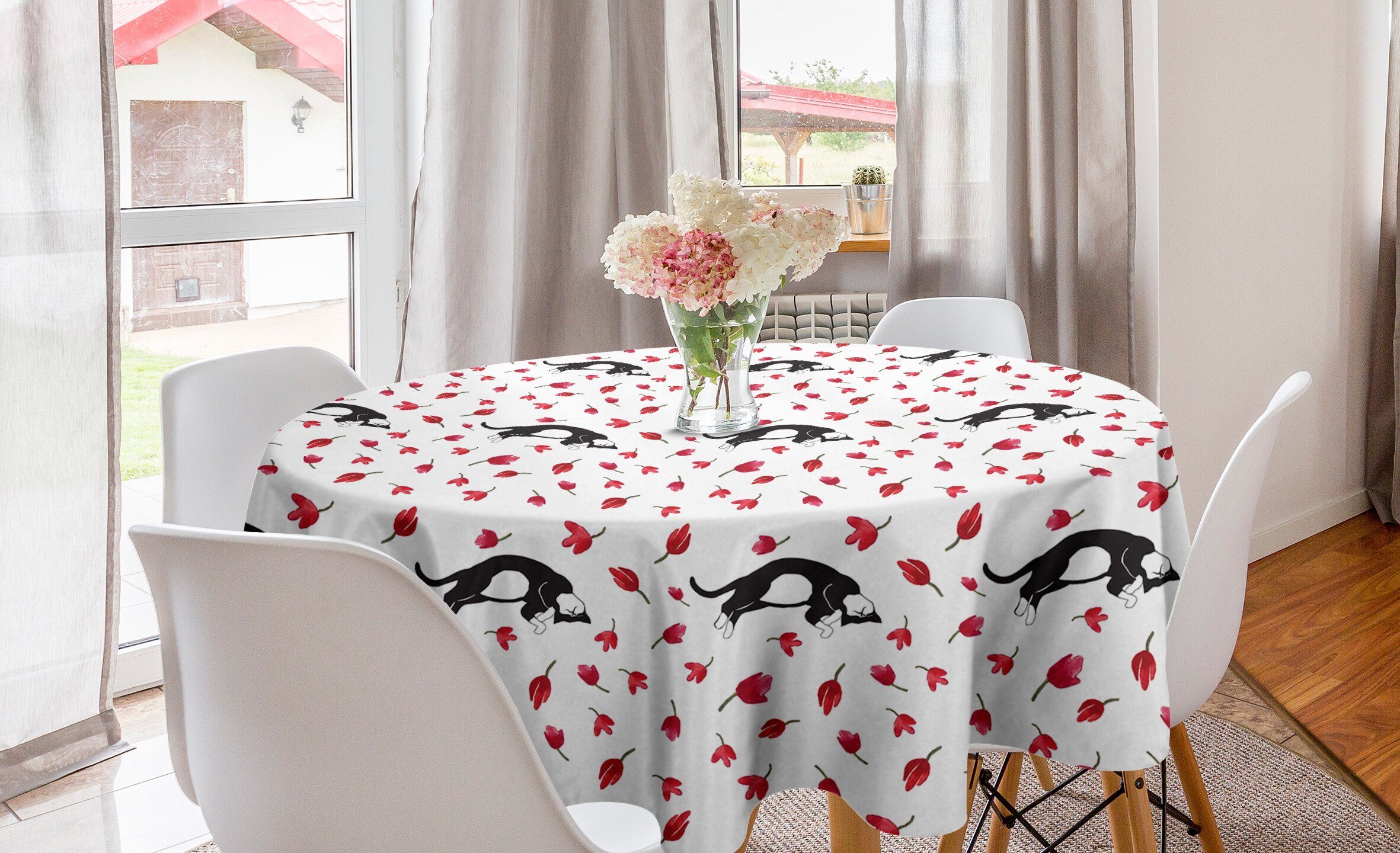 Abakuhaus Tischdecke Kreis Tischdecke Abdeckung für Esszimmer Küche Dekoration, Kätzchen Cat Sleeping Tulpen