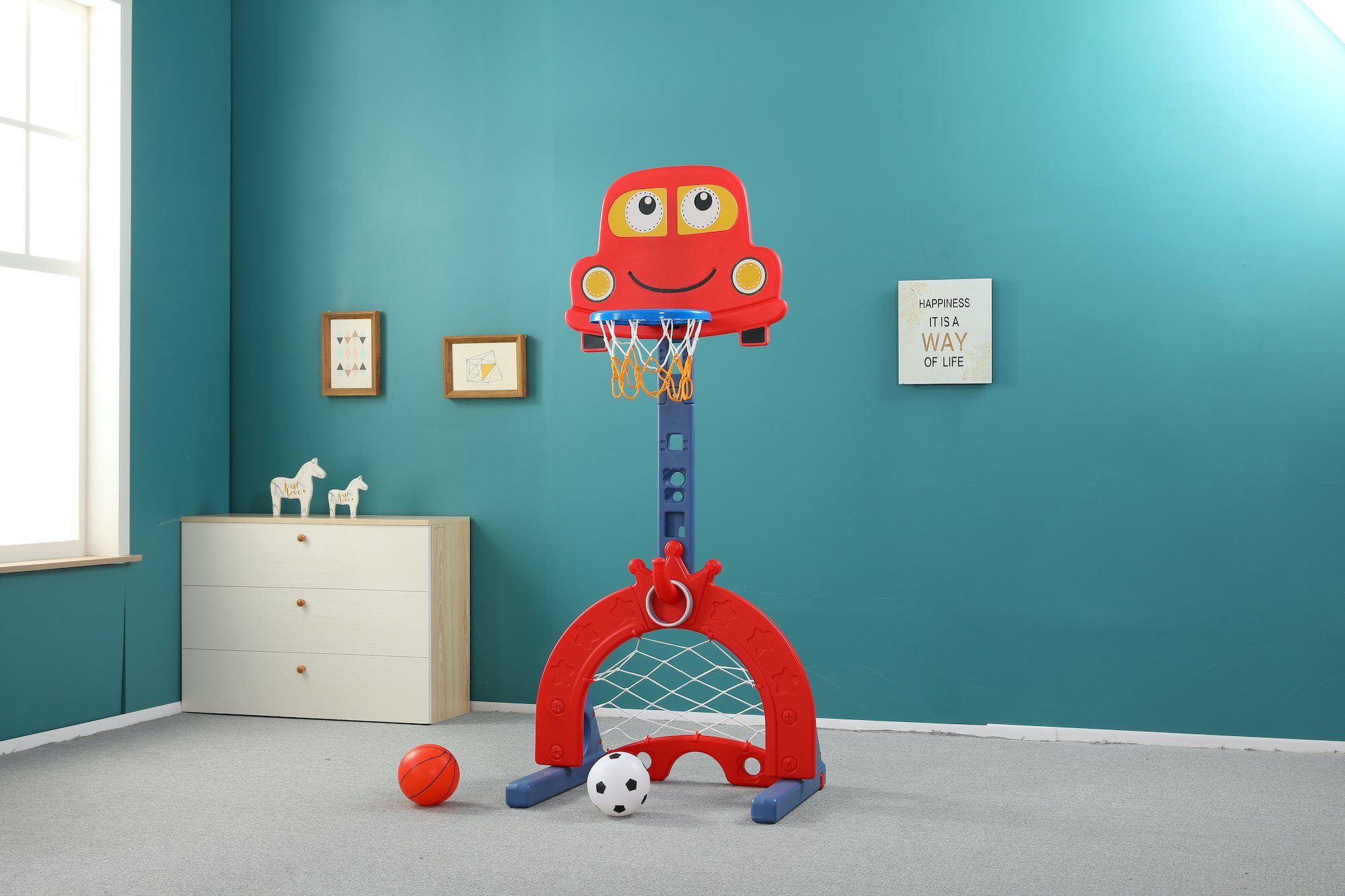 Sweety-Toys Basketballkorb Sweety Toys 12756 Basketballkorb rot 3 in 1 Spielzeug - Ringe werfen, Fußballtor, Basketball