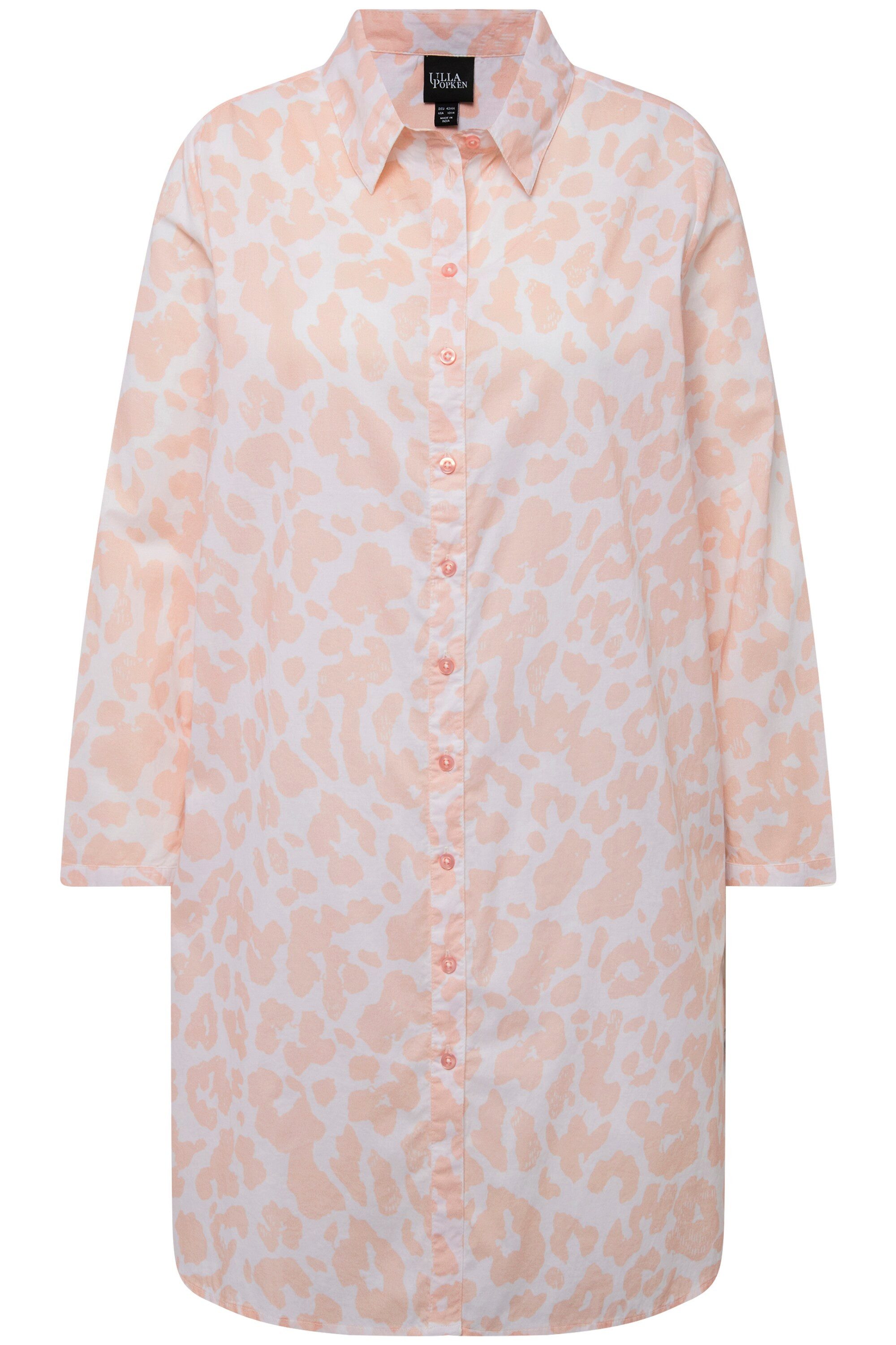 Hemdbluse Longbluse Leomuster A-Linie Hemdkragen Langarm