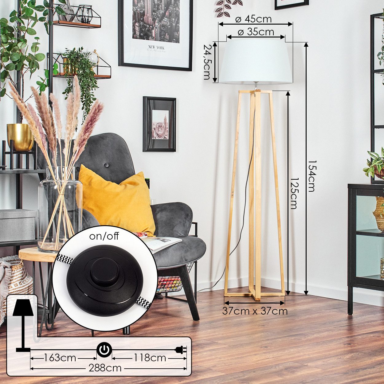 hofstein Stehlampe Stehlampe mit Holzfuß und Schirm aus Stoff, ohne Leuchtmittel, Boho-Style, skandinavisches Design (45 cm), Fußschalter, 1 x E27