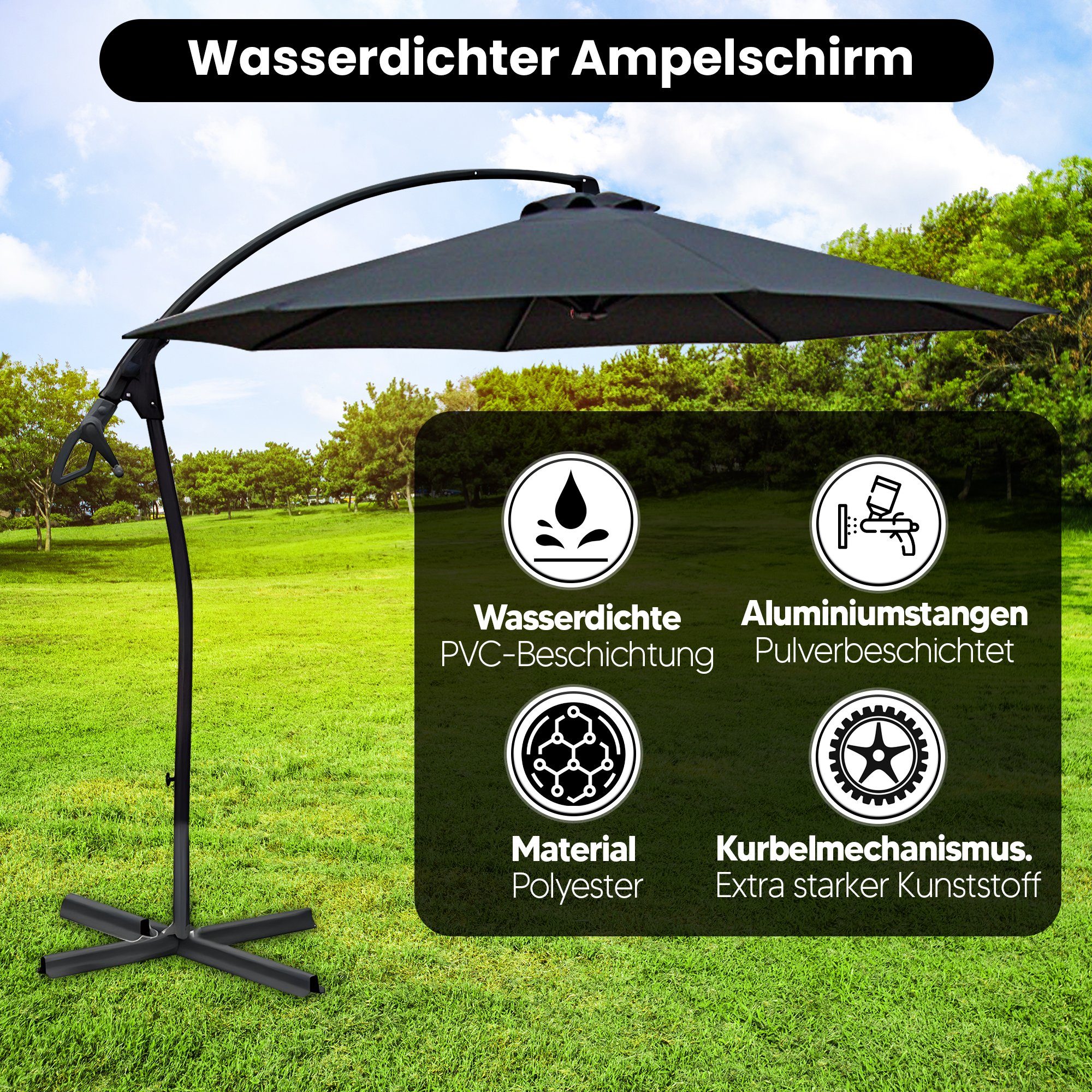 habeig Ampelschirm Sonnenschirm WASSERDICHT Ampelschirm 3m PVC Schirm 300cm wasserfest, 100% Wasserdicht – Bild 4 von 5