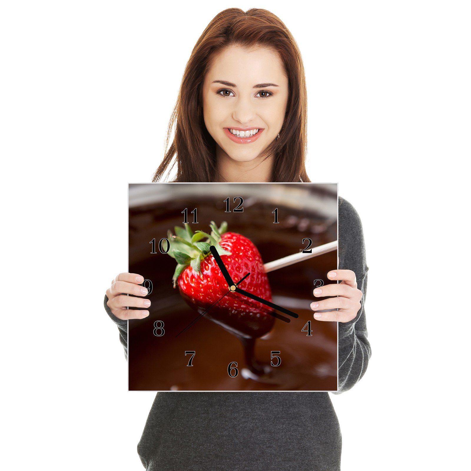 30 Schokolade in Glasuhr x Wandkunst Wanduhr Primedeco Erdbeer mit Größe 30 cm Motiv Wanduhr