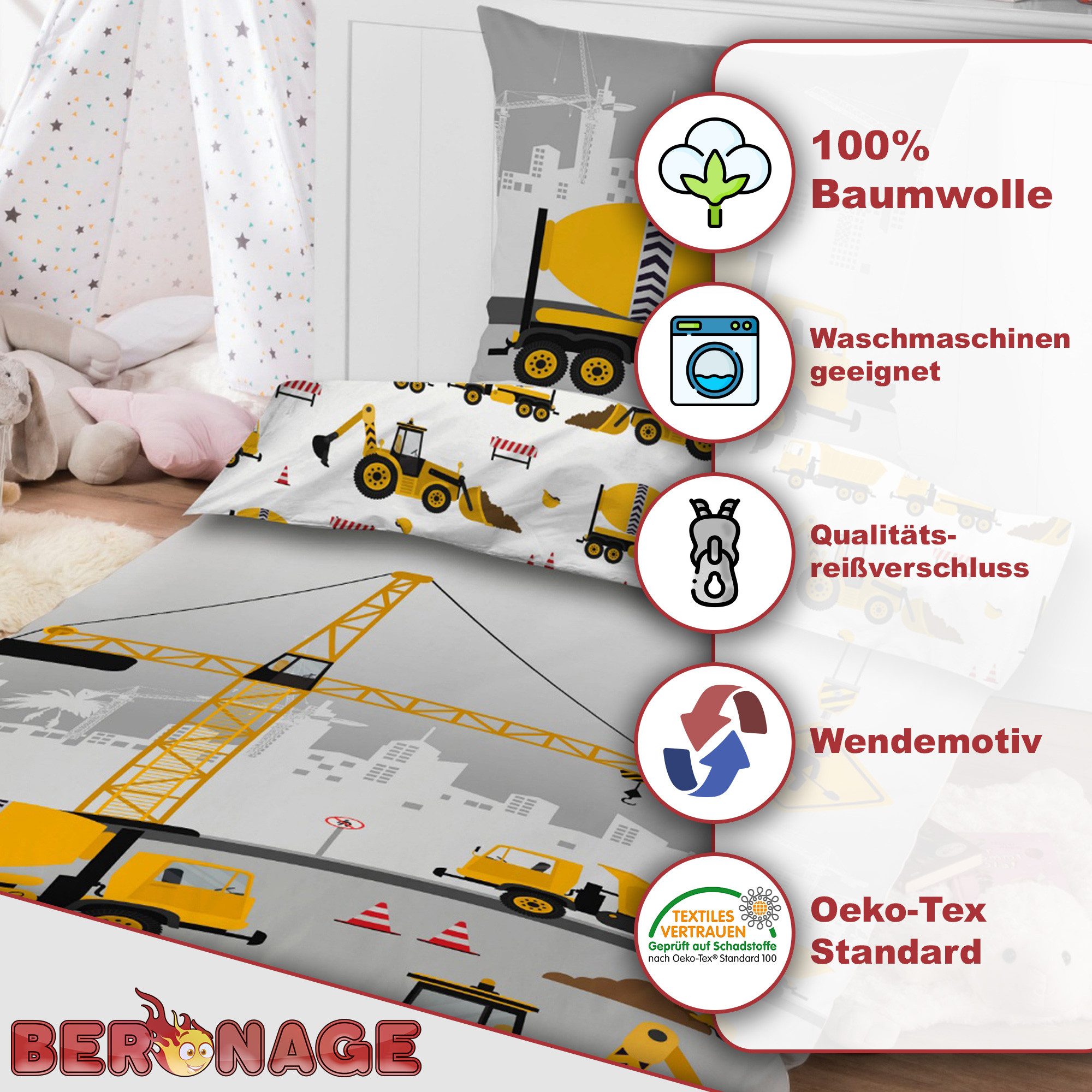 BERONAGE Kinderbettwäsche Bagger Bettwäsche Linon / Renforcé, 100% Baumwolle, 2 teilig, 135x200 + 80x80 cm – Bild 3 von 5