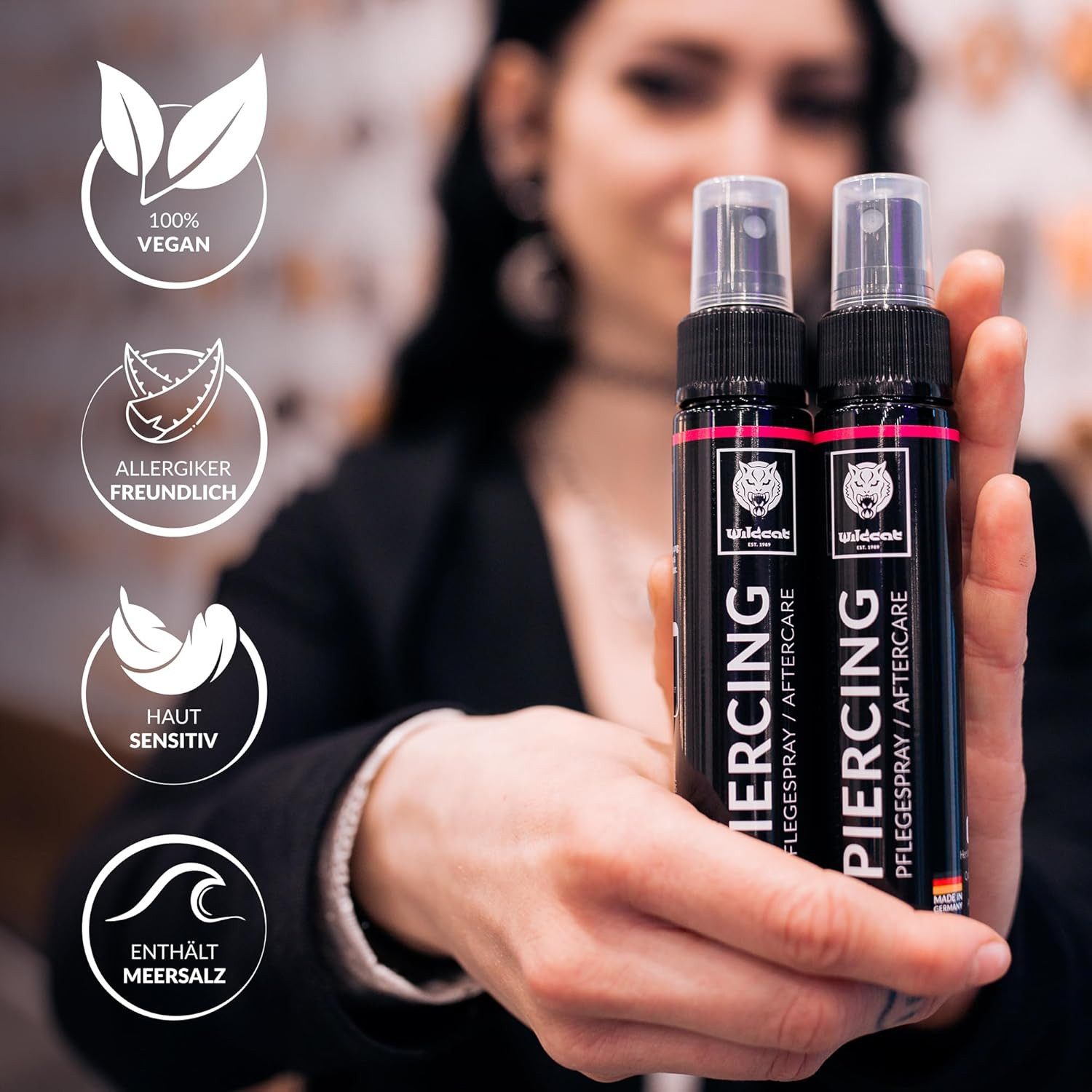Wildcat Gesichts- und Körperspray Piercingspray 2x50 ml – Aftercare & Reinigung für frische Piercings, mit Aloe Vera & Meersalz, alkoholfrei, vegan - Made In Germany