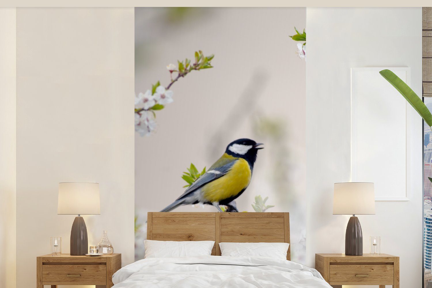 St), Fototapete Schlafzimmer - Fototapete - Blütenbaum, Matt, (2 Wohnzimmer Vliestapete MuchoWow Blumen - bedruckt, für Küche, Kohlmeise Vogel