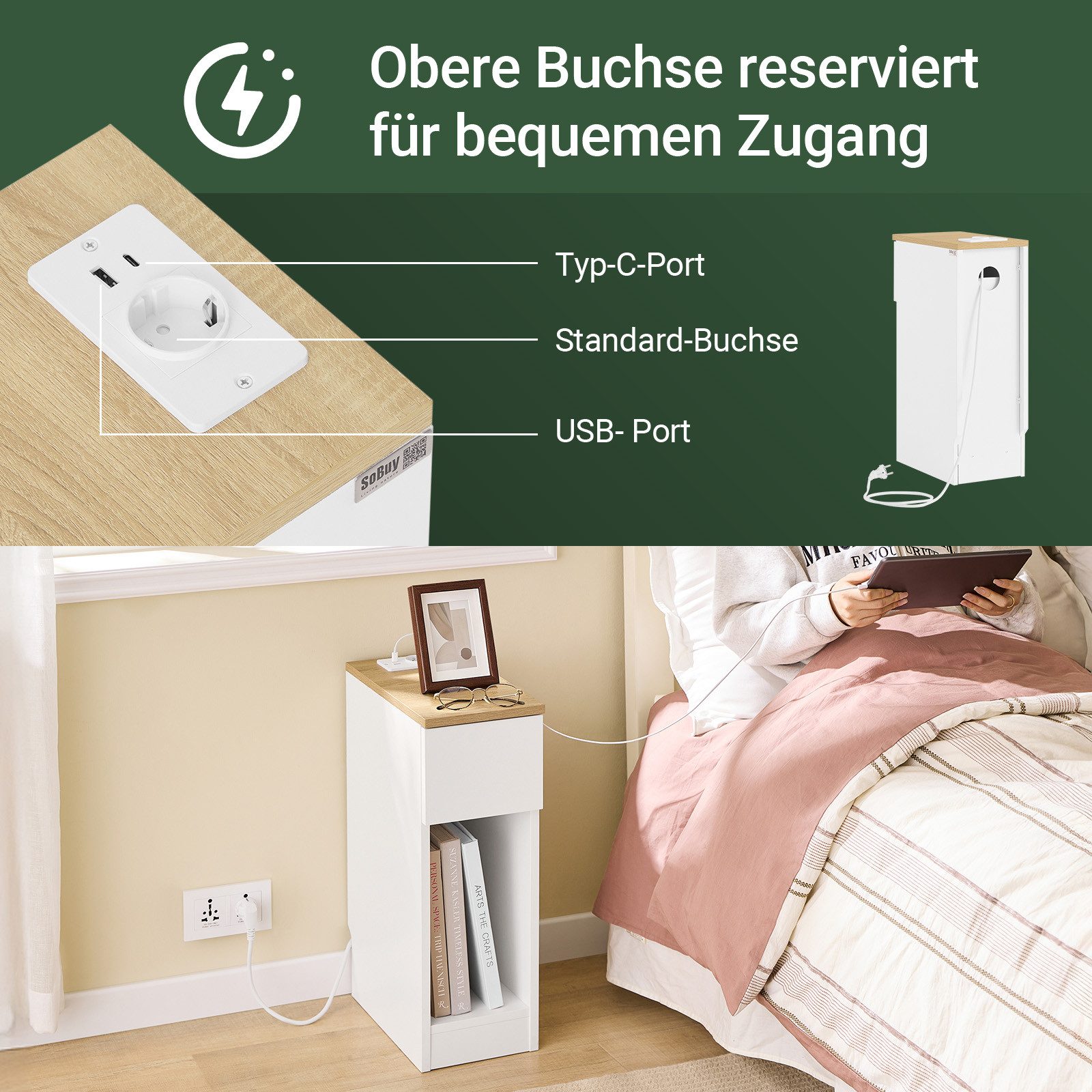 SoBuy Nachttisch FBT111-E, 2er Set, Nachtschrank Nightstand für Schlafzimmer Wohnzimmer, 2-St, Nachttisch schmal, Beistelltisch, Steckdose USB-Anschlüsse Typ-C