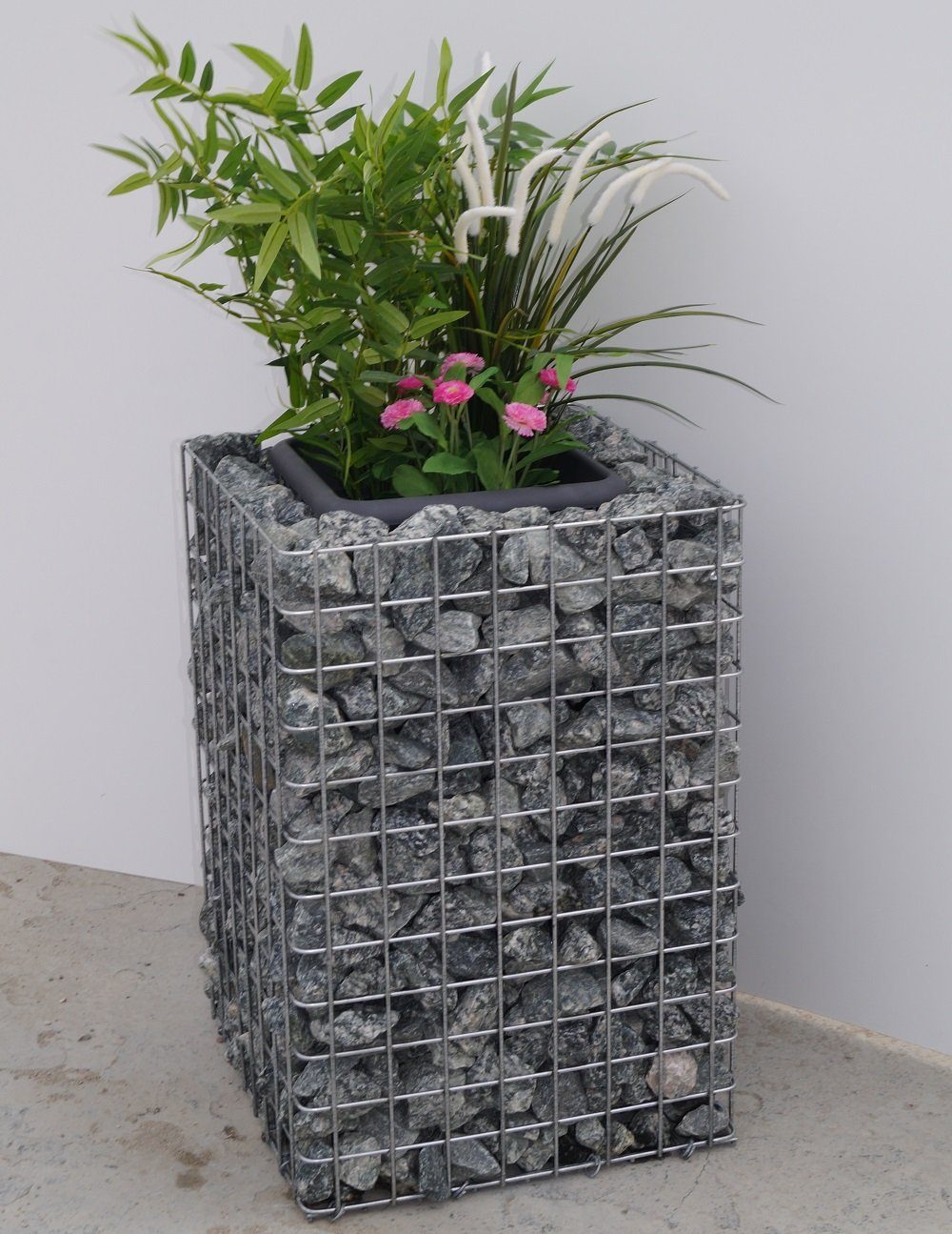 Gabiona Hochbeet Blumensäule Höhe 60 cm Grundfläche 42 x 42 cm MW 5 x 5 cm, (Blumensäule Höhe 60 cm Grundfläche 42 x 42 cm MW 5 x 5 cm, galvanisiert inkl. Topf), 5 x 5