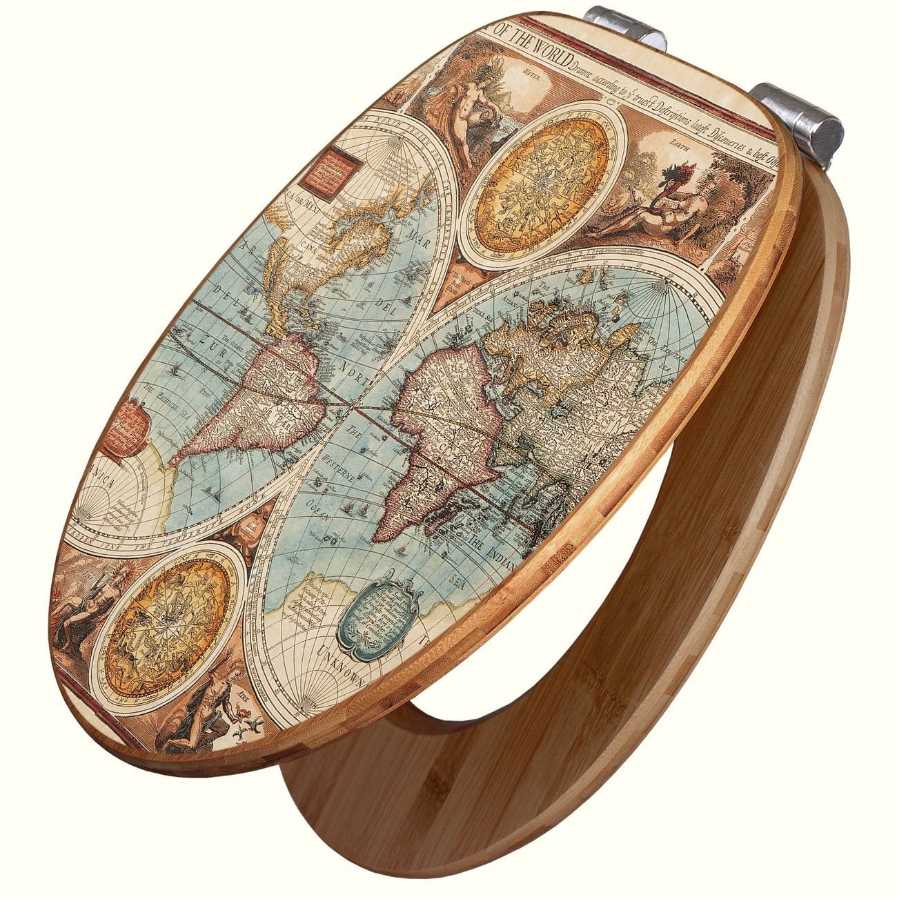 banjado WC-Sitz aus Bambus mit Absenkautomatik Motiv Historische Weltkarte (umweltfreundliches Material, integrierte Absenkautomatik), 45,8 x 37,5 x 5 cm
