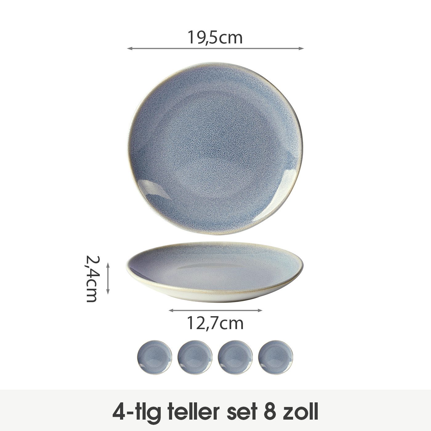 JIWOO Teller 4er Ø19,5cm, Speiseteller Steakteller Dessertteller Pastateller Plate, (4 St), Keramik Hochwertiges Tellerset Blau Mikrowellenofen Spülmaschine