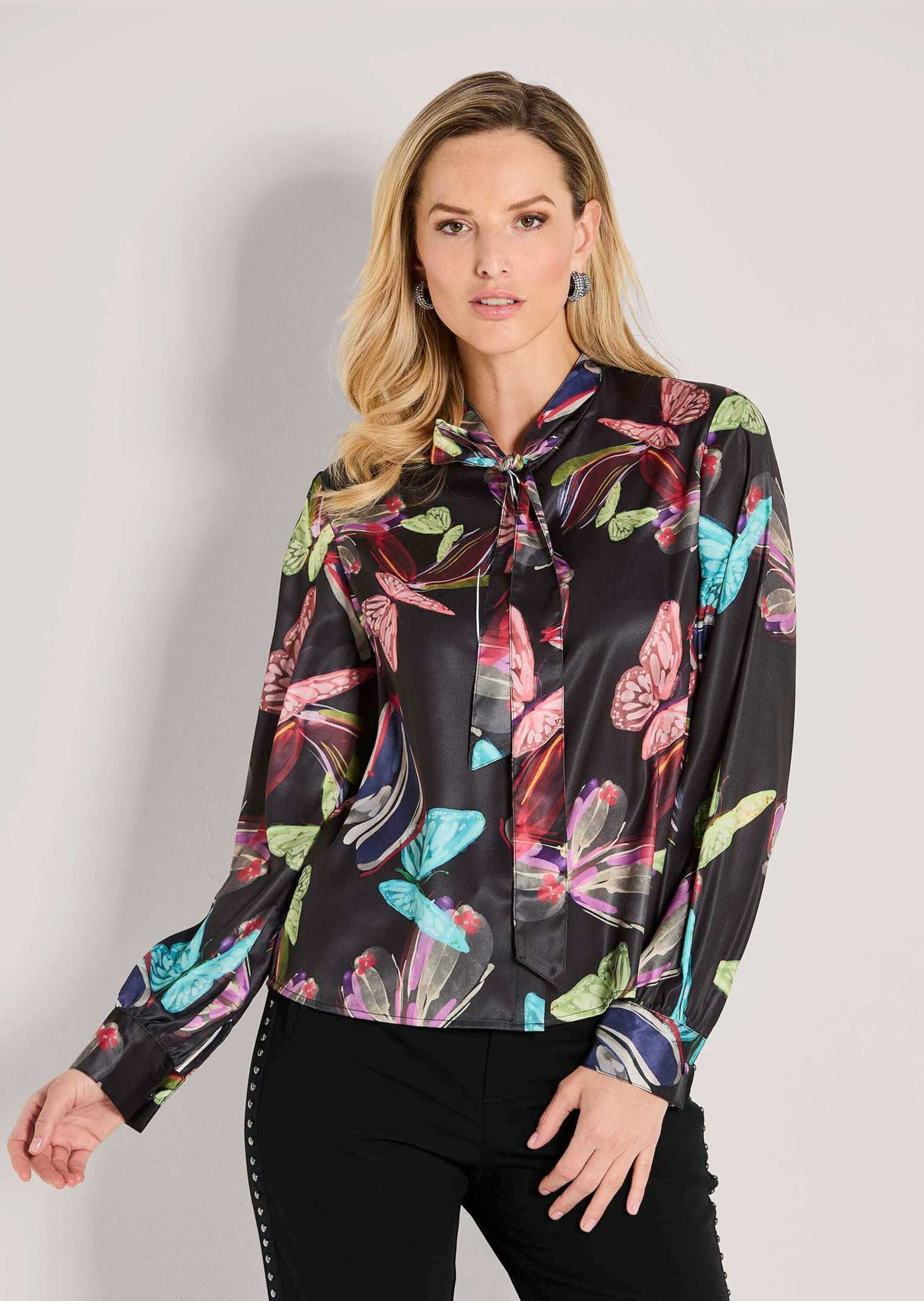 MADELEINE Langarmbluse Farbenfrohe Dschungel-Print Bluse Stehkragen mit Sch günstig online kaufen