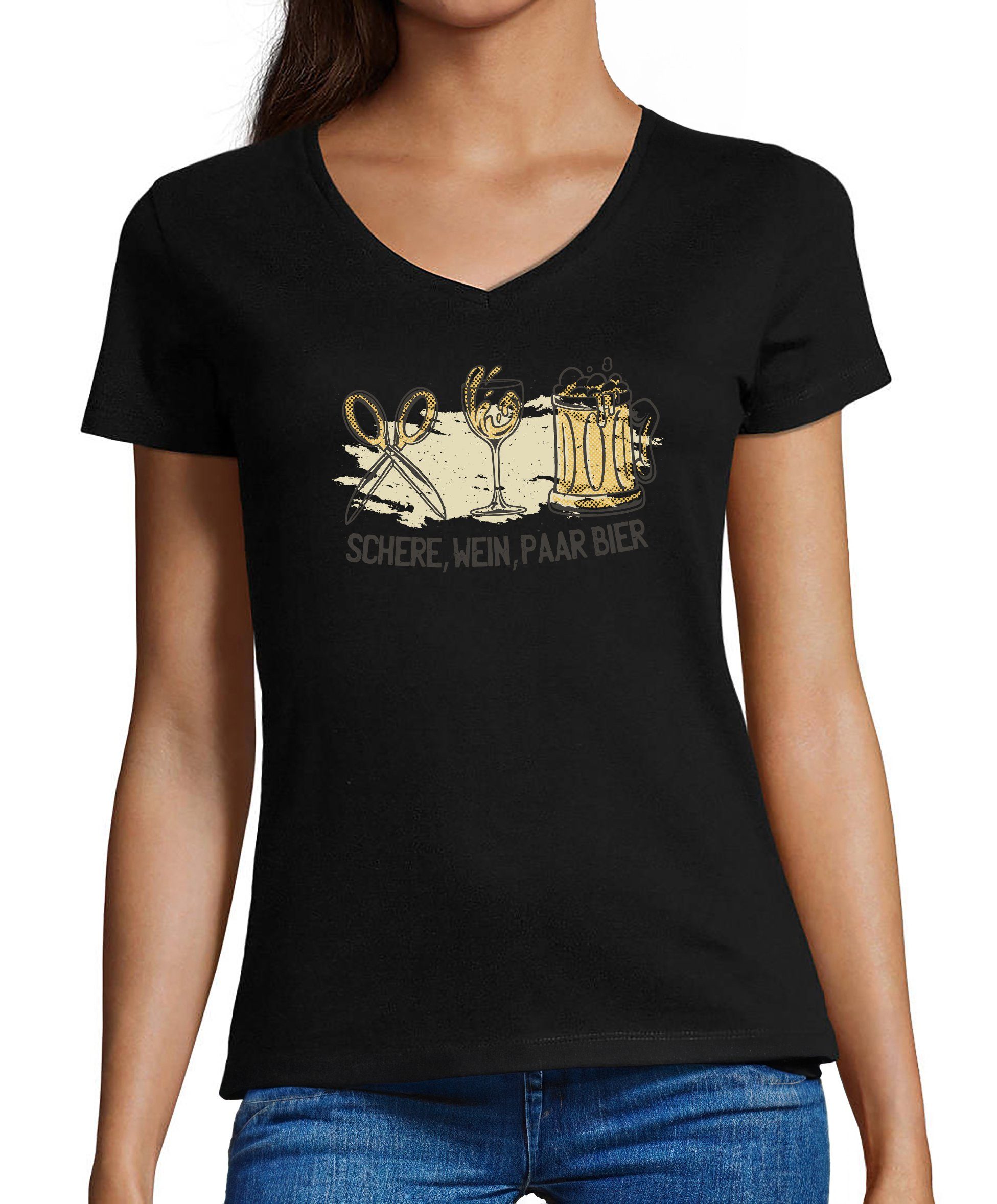 MyDesign24 T-Shirt Damen Oktoberfest T-Shirt - Schere, Wein, Paar Bier V-Ausschnitt Print Shirt Slim Fit, i321