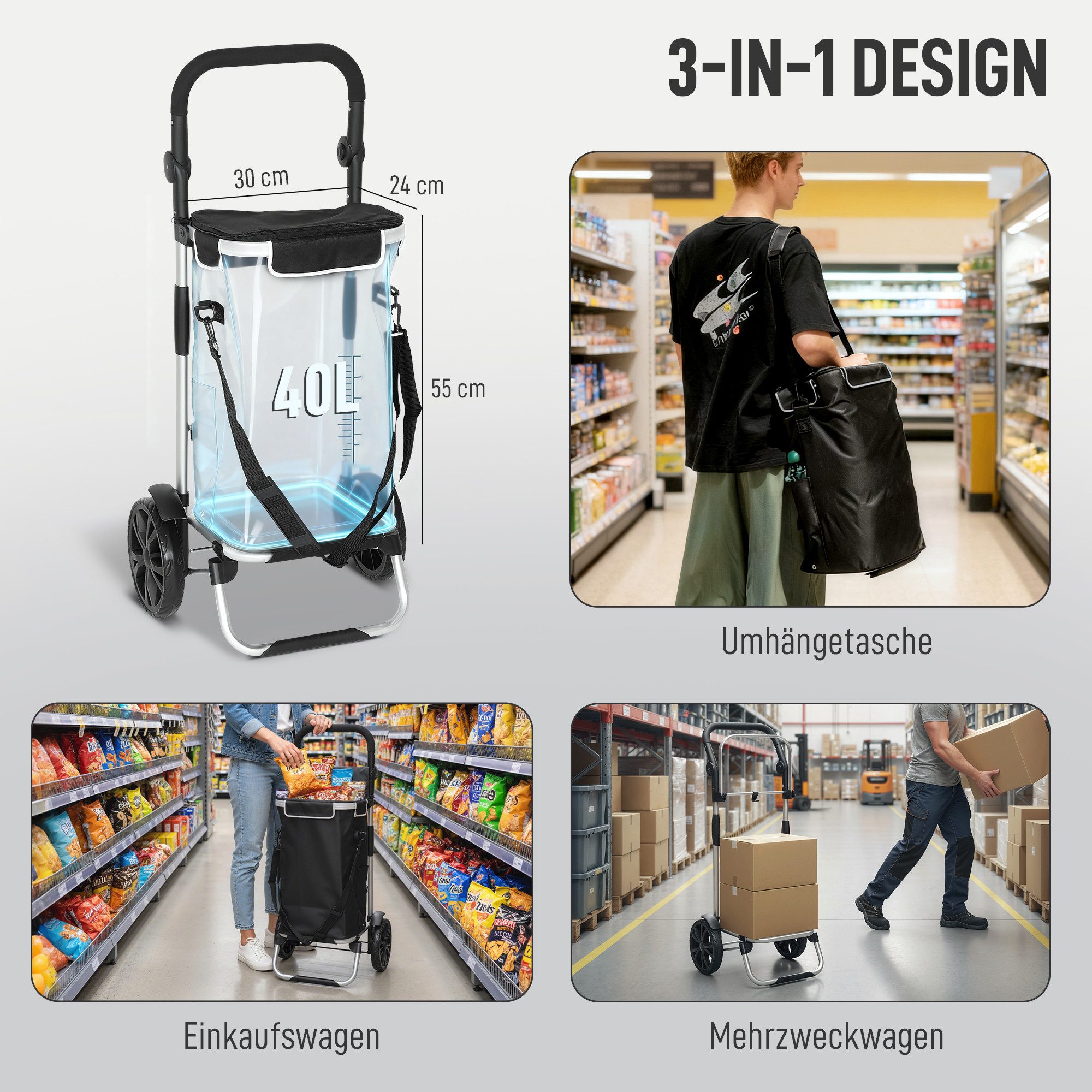 HOMCOM Einkaufstrolley 3-in-1 klappbar belastbar Trolley bis 25kg Einkaufswagen, 40 l, Aluminiumrahmen, Schwarz – Bild 4 von 5