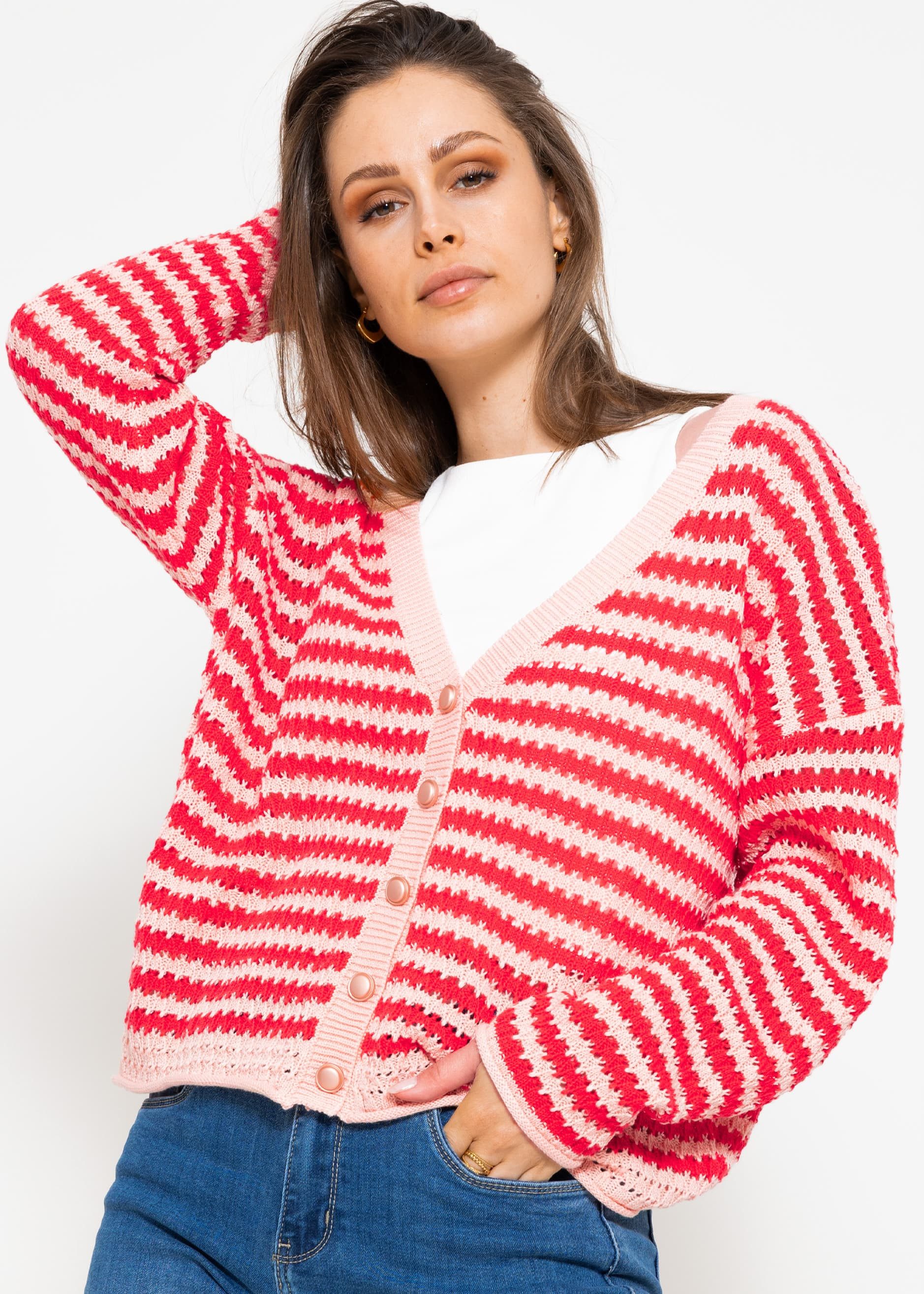 SASSYCLASSY Cardigan Oversize Strickjacke Damen mit Ajour Strick Lässiger Cardigan aus Grobstrick gestreift mit V-Ausschnitt Blau Rot