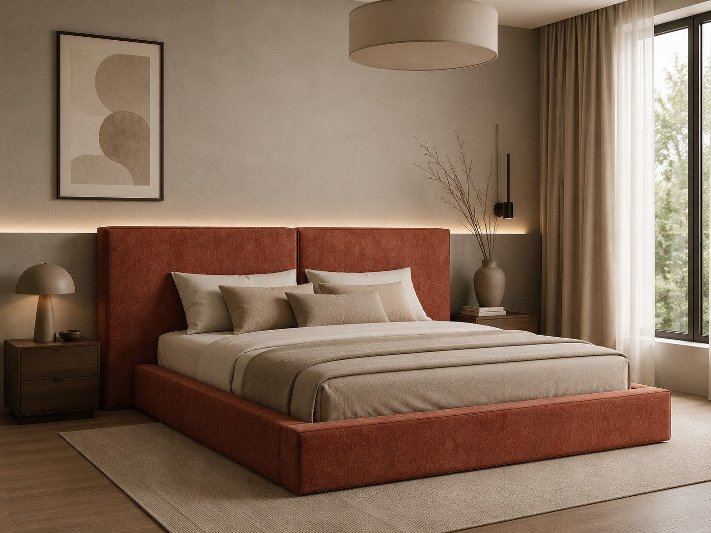 MOEBLO Polsterbett aus Strukturstoff Bett 06 (Bezug: Strukturstoff, Doppelbett mit Kopfstütze, Rahmenbettgestell, mit Bettkasten und Lattenrost), gepolstertes Kopfteil