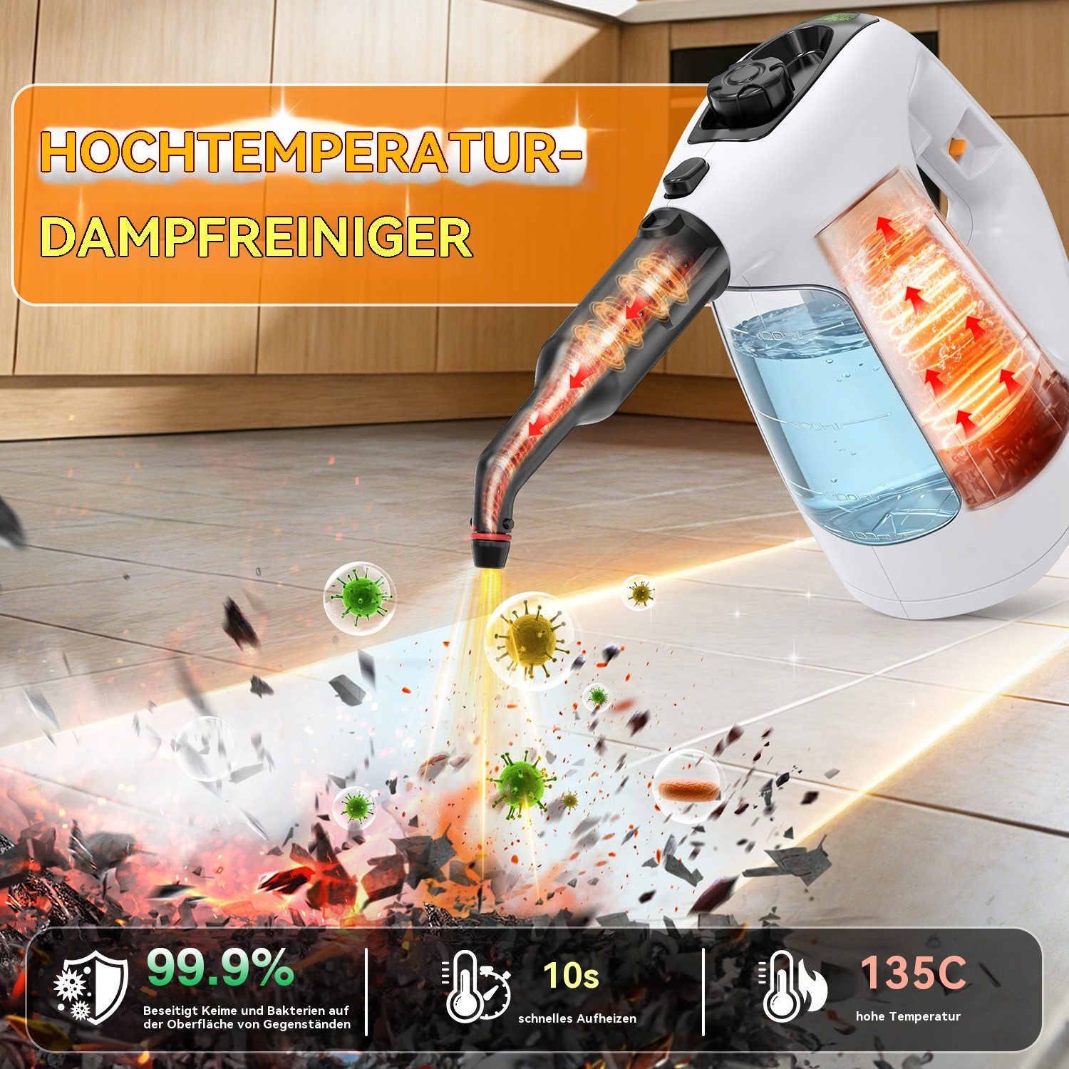 muvano Handdampfreiniger Dampfreiniger,450ml Mehrzweckdampfreiniger mit 11-teiligem Zubehör, 1500 W, für den Heimgebrauch,Reinigung von Böden,Fliesen,Fenstern,Sofas (weiß)