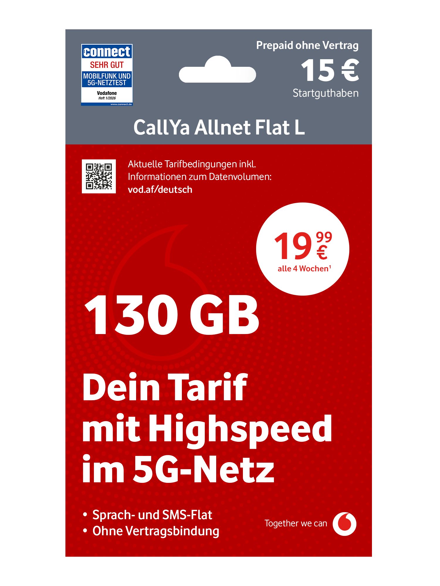 Vodafone CallYa Allnet L Prepaidkarte, (Jetzt 130 GB, 20 € Startguthaben, ohne Vertrag, 5G, Allnet-Flat)
