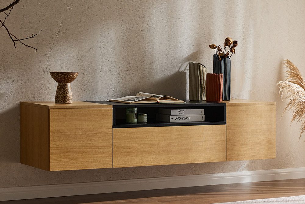 riess-ambiente TV-Board LOFT 160cm natur/schwarz - Eichen-Design, hängend, Fächer, Schublade (Einzelartikel, 1 St), Sideboard mit Ablage & Stauraum- ideal für Flur, Wohnbereich & TV-Ecke