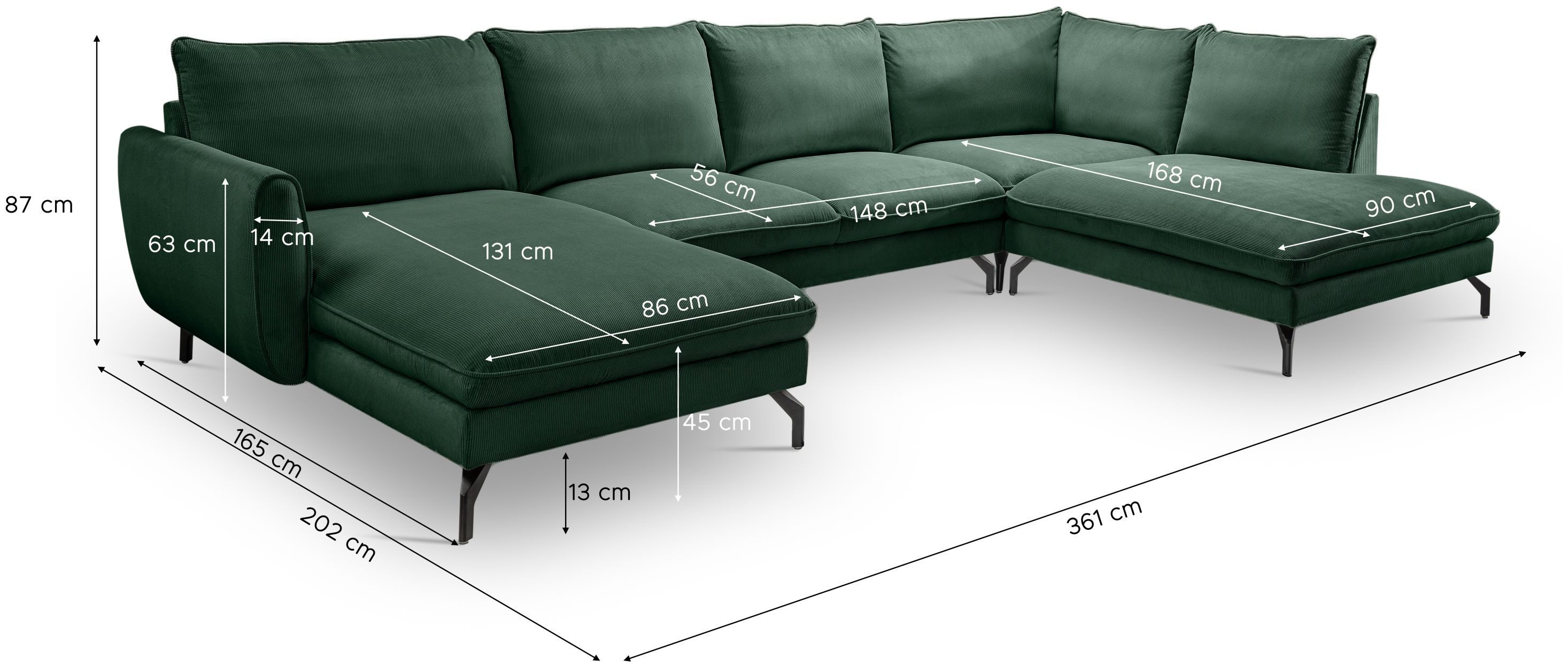 xonox.home Wohnlandschaft, in U-Form Recamiere rechts aus Kleincord in smaragdgrün 361x87x202cm