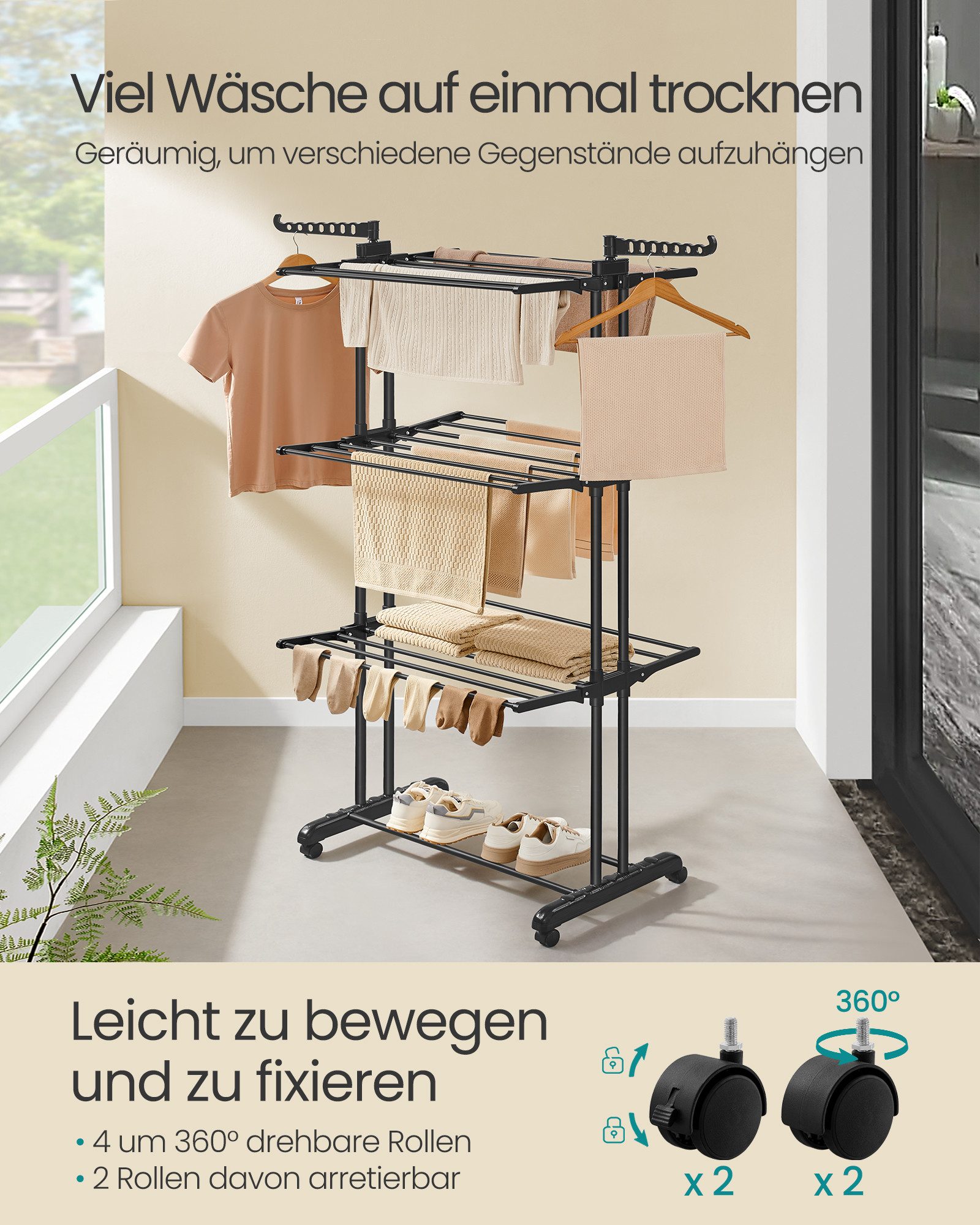 SONGMICS Wäscheständer Turm Standtrockner 4 Ebenen, Flügelwäscheständer, einfacher Aufbau, klappbare Flügel, mit Rollen, 63,5 x 128 x 173 cm – Bild 3 von 5