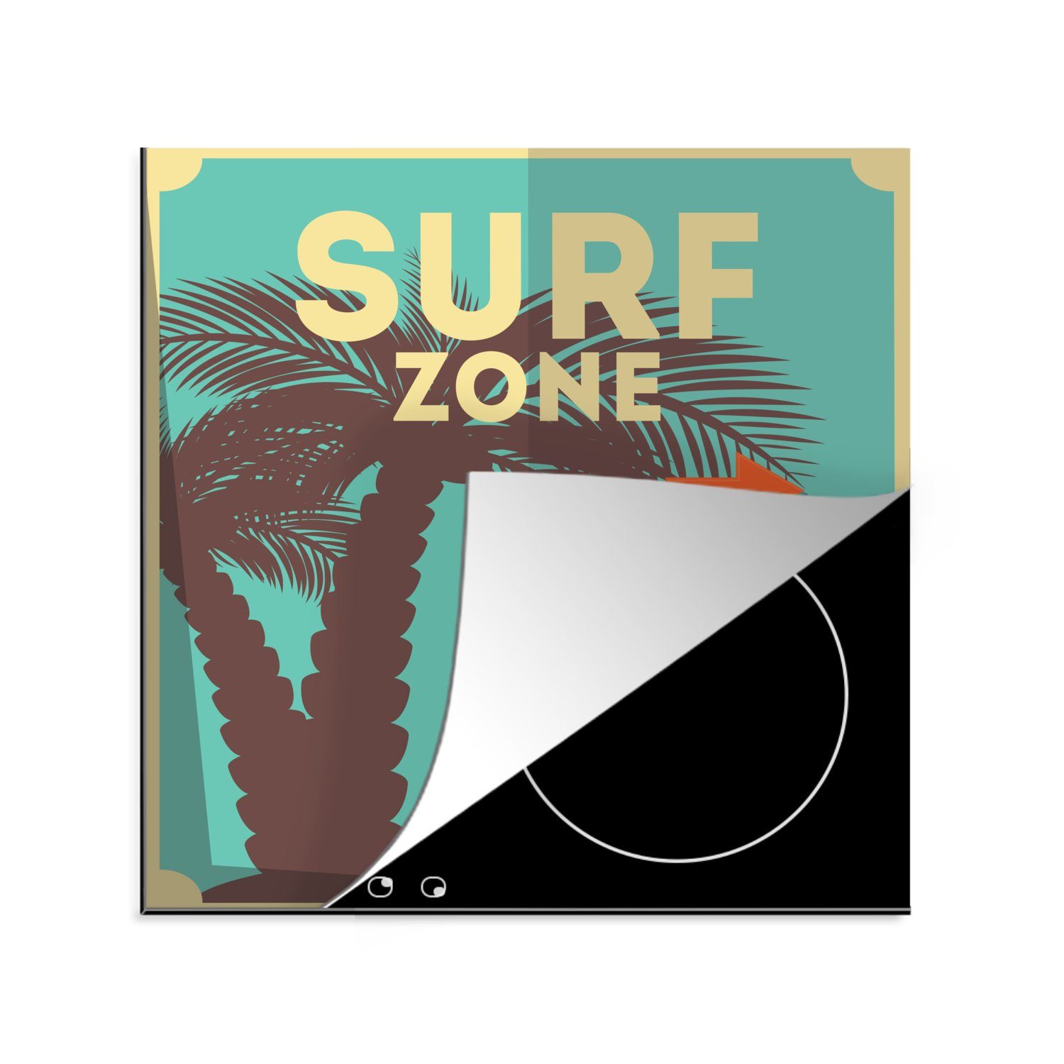 MuchoWow Herdblende-/Abdeckplatte Surfzone Illustration mit türkisem Hintergrund, Vinyl, (1 tlg), 78x78 cm, Ceranfeldabdeckung, Arbeitsplatte für küche