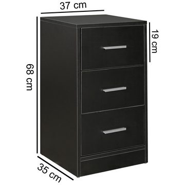 Wohnling Nachtkonsole WL5.154 (Nachttisch mit 3 Schubladen Schwarz 37,5x68x35 cm), Nachtkästchen Boxspringbett, Nachtkommode Modern