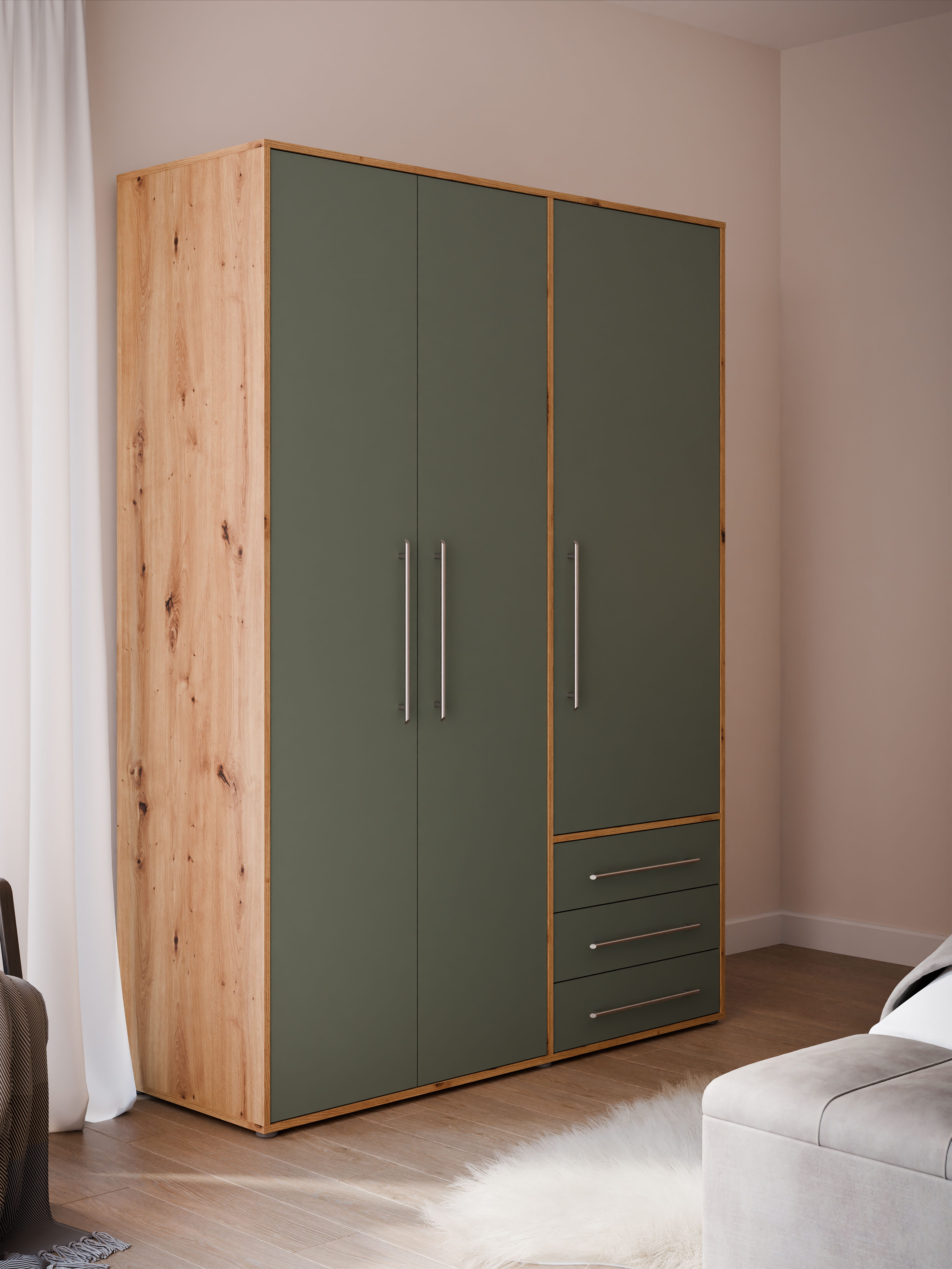 FORTE Drehtürenschrank Kleiderschrank,zeitloses Design,3 türig viel Stauraum, Schubladen, Stangengriffe, Made in Europe
