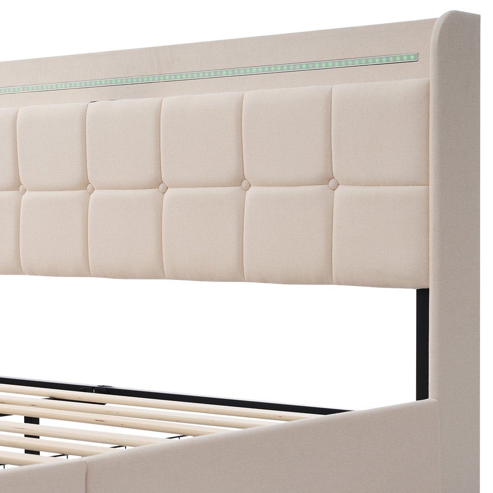Polsterbett (Stauraumbett mit Lattenrost), Dopplebett 180x200cm mit LED-Beleuchtung, Ladefunktion & 4 Schubladen