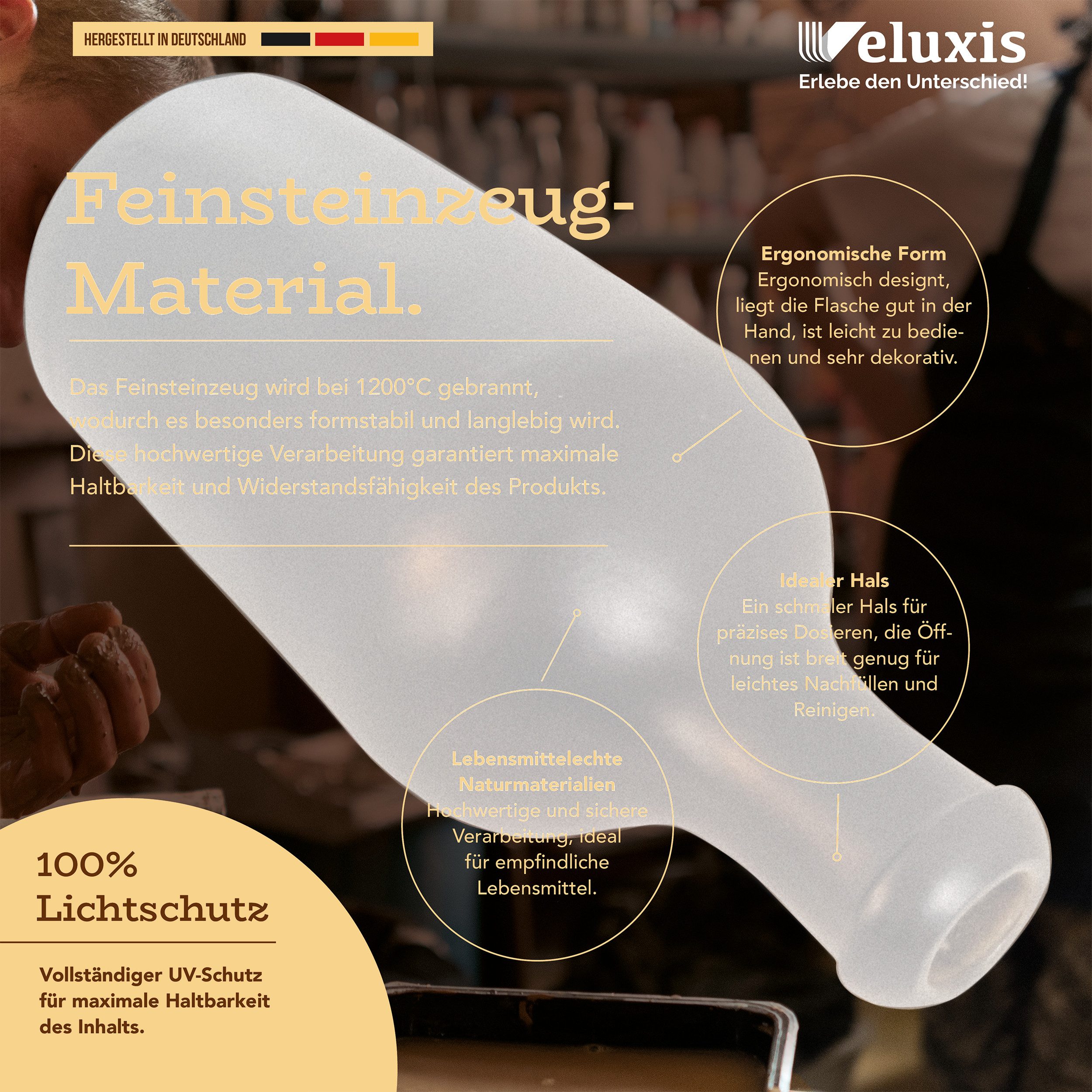 Veluxis Küchenorganizer-Set Essig & Öl Feinsteinzeug Flaschen-Set 2x 500ml + Ausgießer & Deckel, (Set), Made in Germany, 100% UV-Schutz, lebensmittelechte Materialien