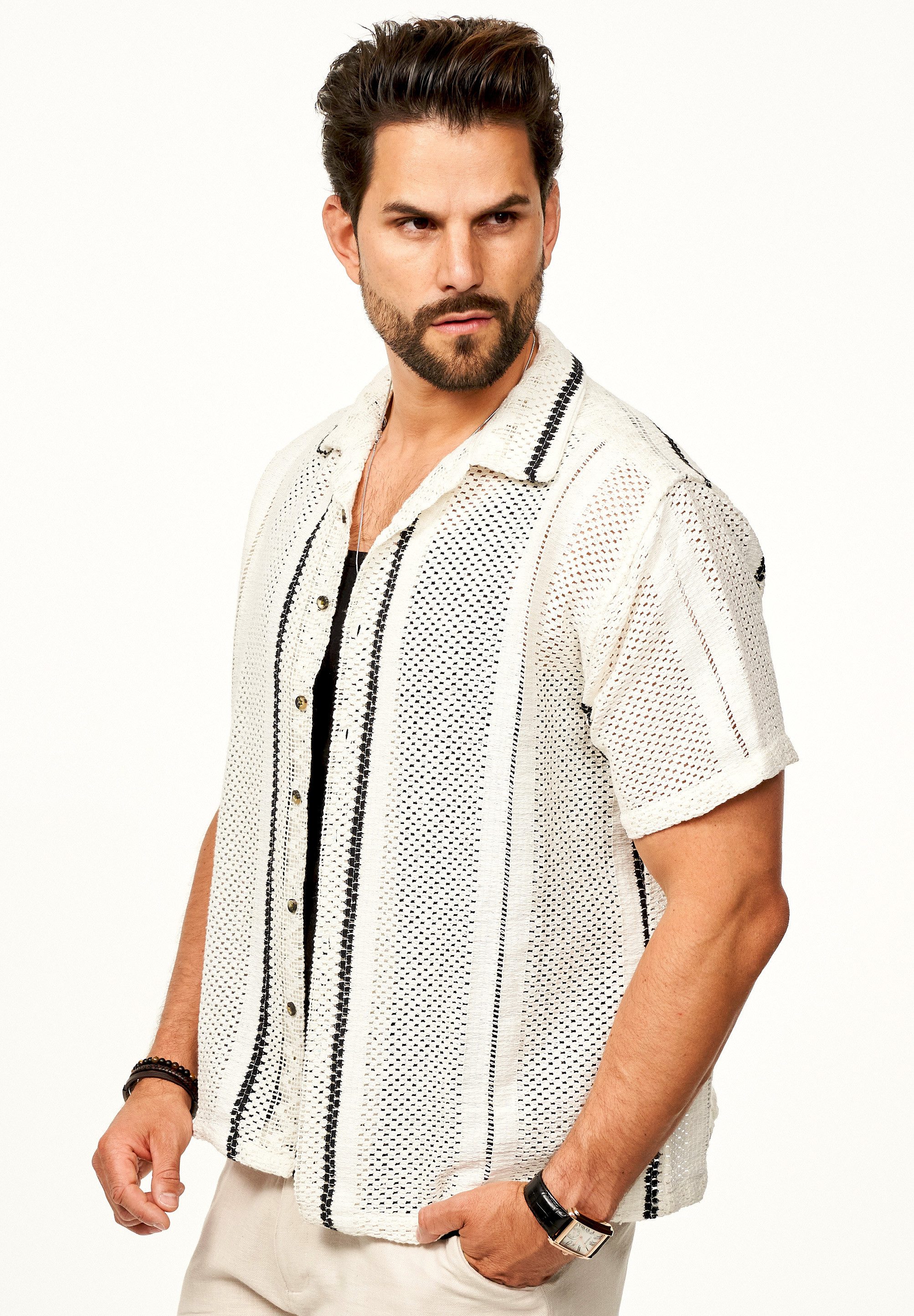 SOULSTAR Kurzarmhemd Gestreift - Freizeithemd als Kurzam Strick Retro Hemd Herren Strick Polo-Hemd Overshirt im Regular-Fit T-Shirt – Bild 3 von 5