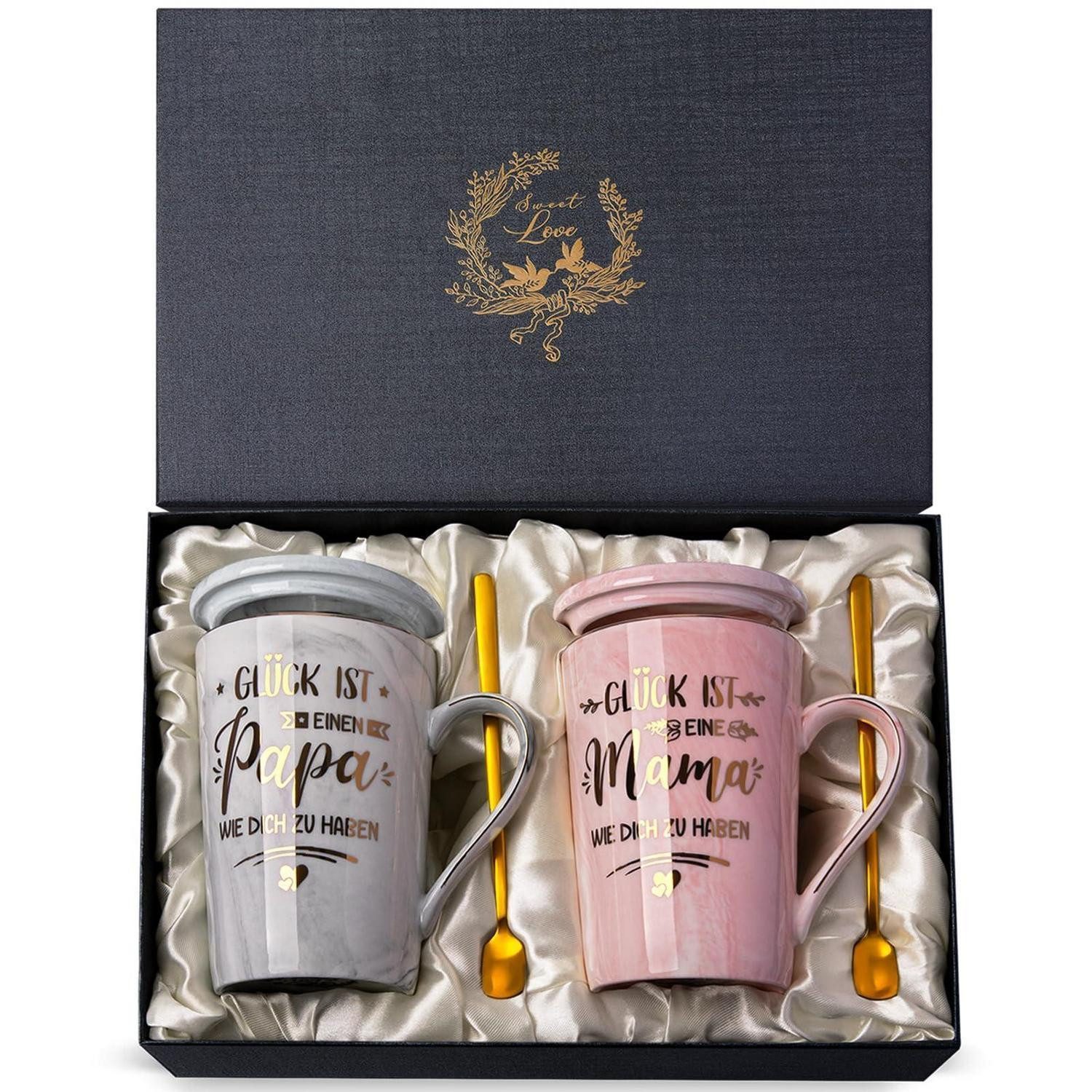 LuxusKollektion Tasse Eltern Tassen Set Rosa Grau 400ml Gold Schrift