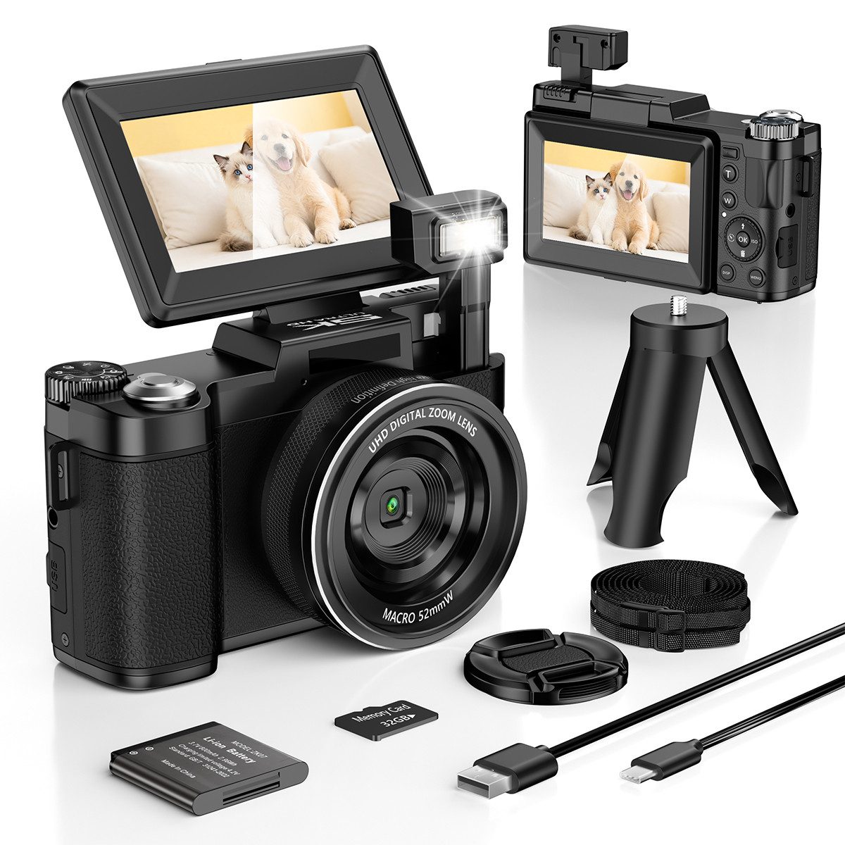 Pdgrid 64 MP & 5K, 18-fachem Zoom, 3-Zoll-Klappbildschirm (180) Vollformat-Digitalkamera (64 MP, mit 32GB, Klappbildschirm & Autofokus,für Einsteiger, Reisen & Social Media)