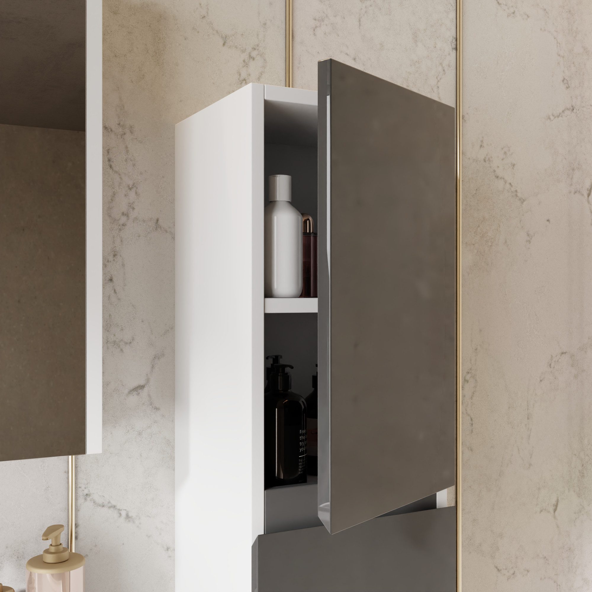 Karen Badmöbel-Set Hochschrank Venus Anthrazit, (Komplett-Set, Standartmäßig 3-Teilig (Unterschrank, Spiegelschrank, Waschbecken), Optionaler Hochschrank, 1-St., Unterschrank mit Türen, Spiegelschrank mit Türen & Regalen), Futuristisches Design, Highgloss-Beschichtung, Softclose, Griffleisten