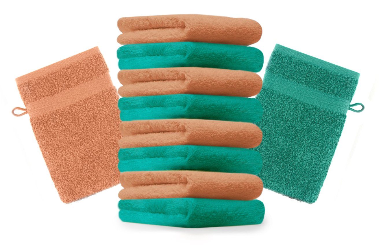 Betz Waschhandschuh 10 Stück Waschhandschuhe Premium 100% Baumwolle Waschlappen Set 16x21 cm Farbe smaragdgrün und orange | Waschhandschuhe