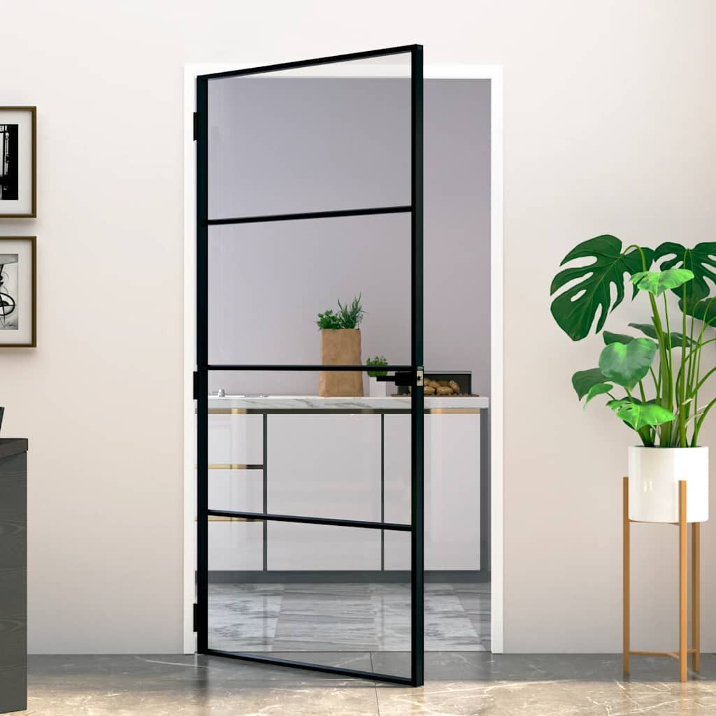vidaXL Haustür Innentür Schwarz 102x201,5 cm Hartglas & Aluminium Schlank (1-St)