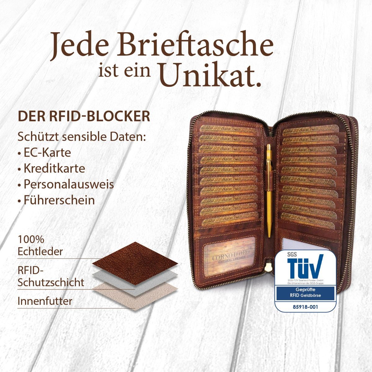 Corno d´Oro Geldbörse Herren Echt Leder Groß HANDMADE XXL Dokumententasche mit Handytasche, große Handytasche, Reiseorganizer mit RFID Schutz
