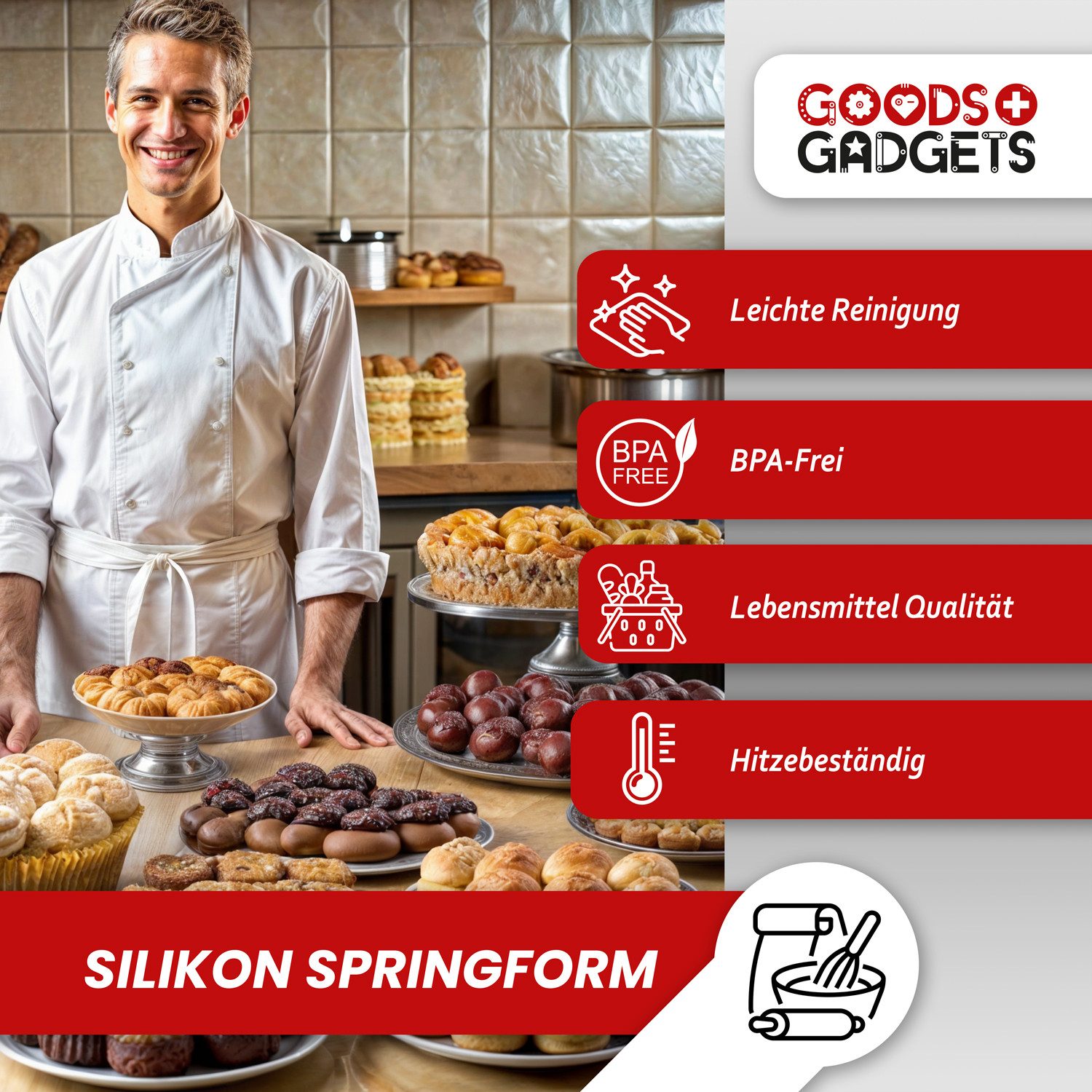 Goods+Gadgets Backform GOODS+GADGETS Silikon Springform Backform 23 cm mit Glasboden, Antihaftbeschichtete Kuchen-Form & Glasboden